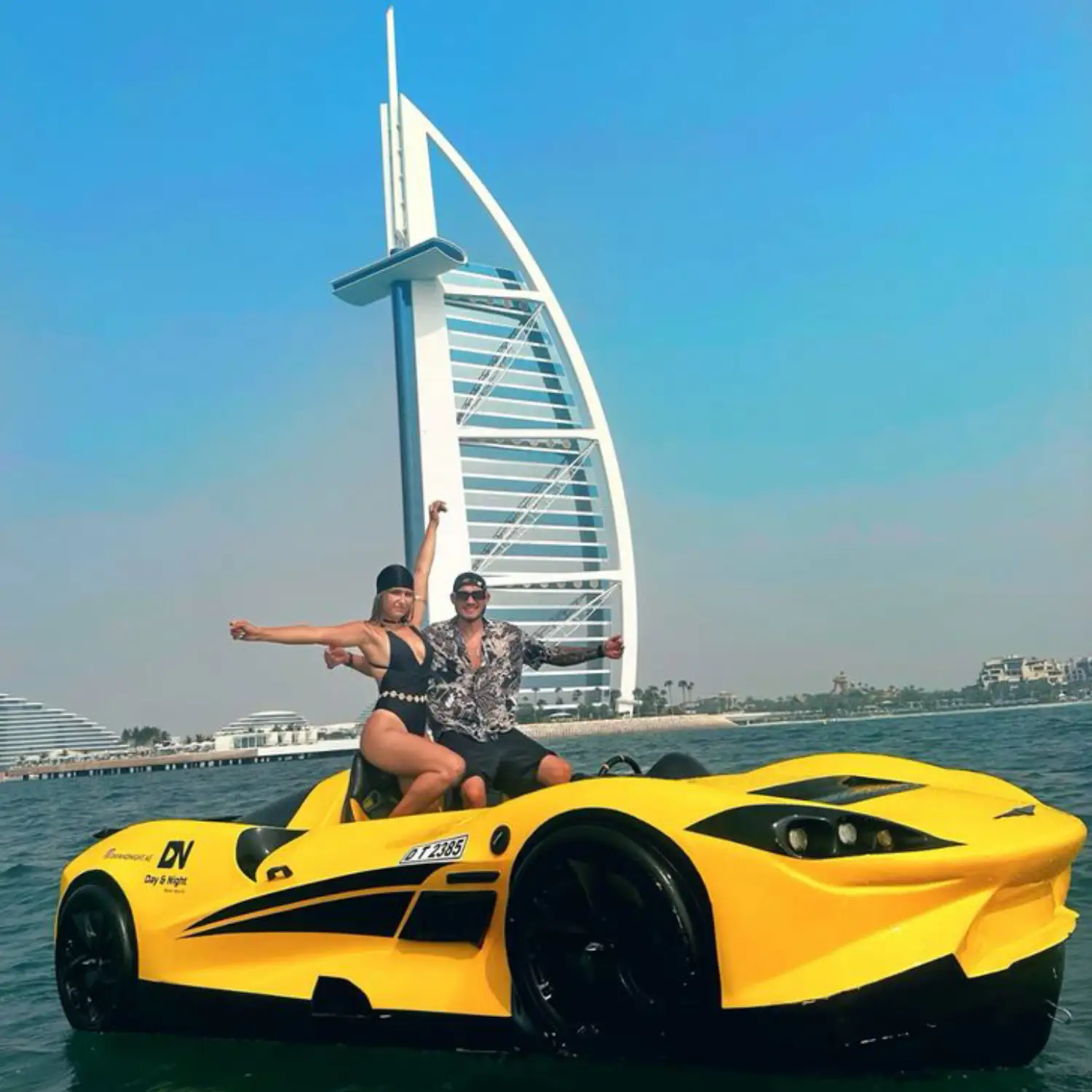 "Luxury jetcar water ride with Dubai skyline in the distance"