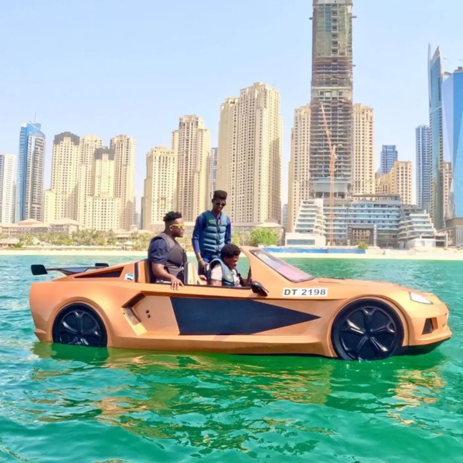 "Futuristic jetcar speeding across the water surface in Dubai"