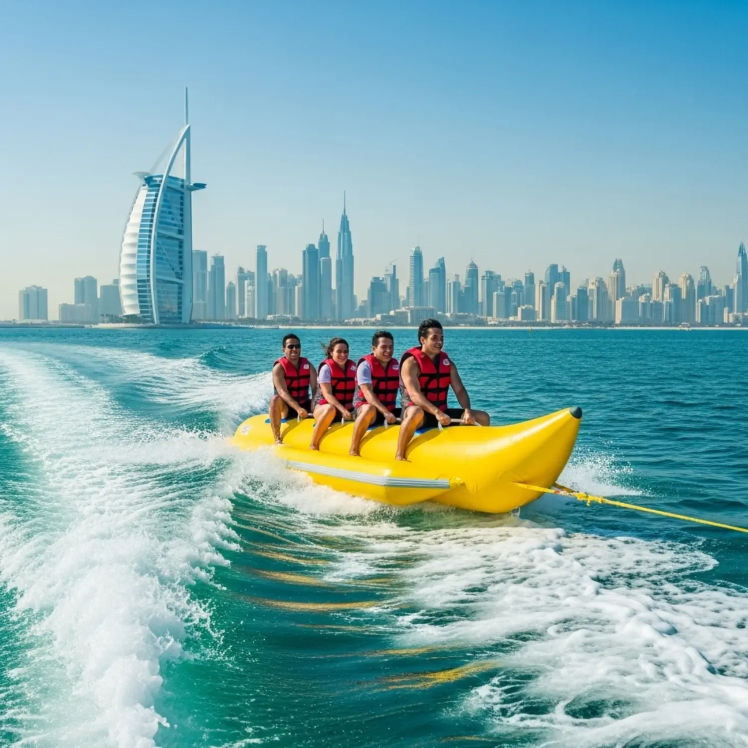 A banana boat with four people wearing orange life vests is being pulled across the ocean, creating a large white wake. In the background, the sail-shaped Burj Al Arab hotel and the Dubai city skyline are visible under a clear blue sky.