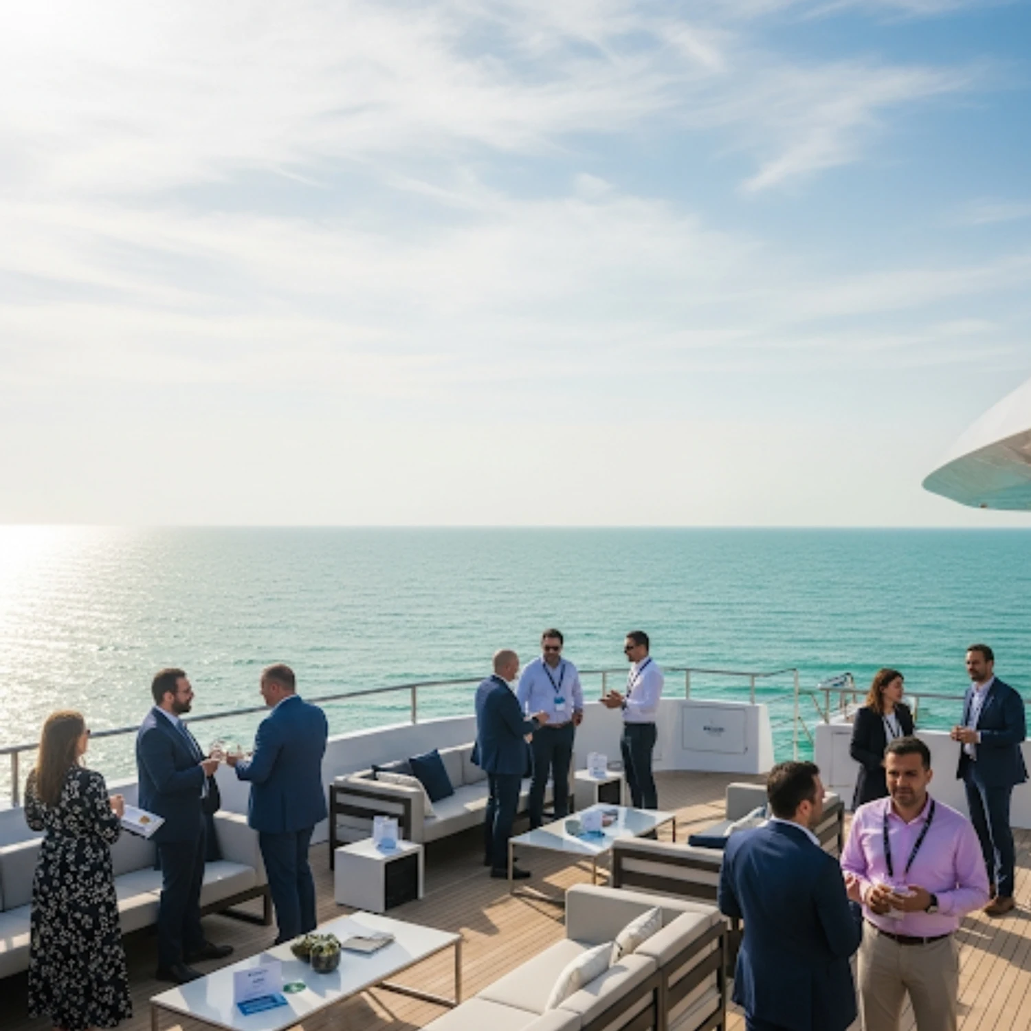 Guests networking on the deck during luxury yacht rental Abu Dhabi with Mala Yachts