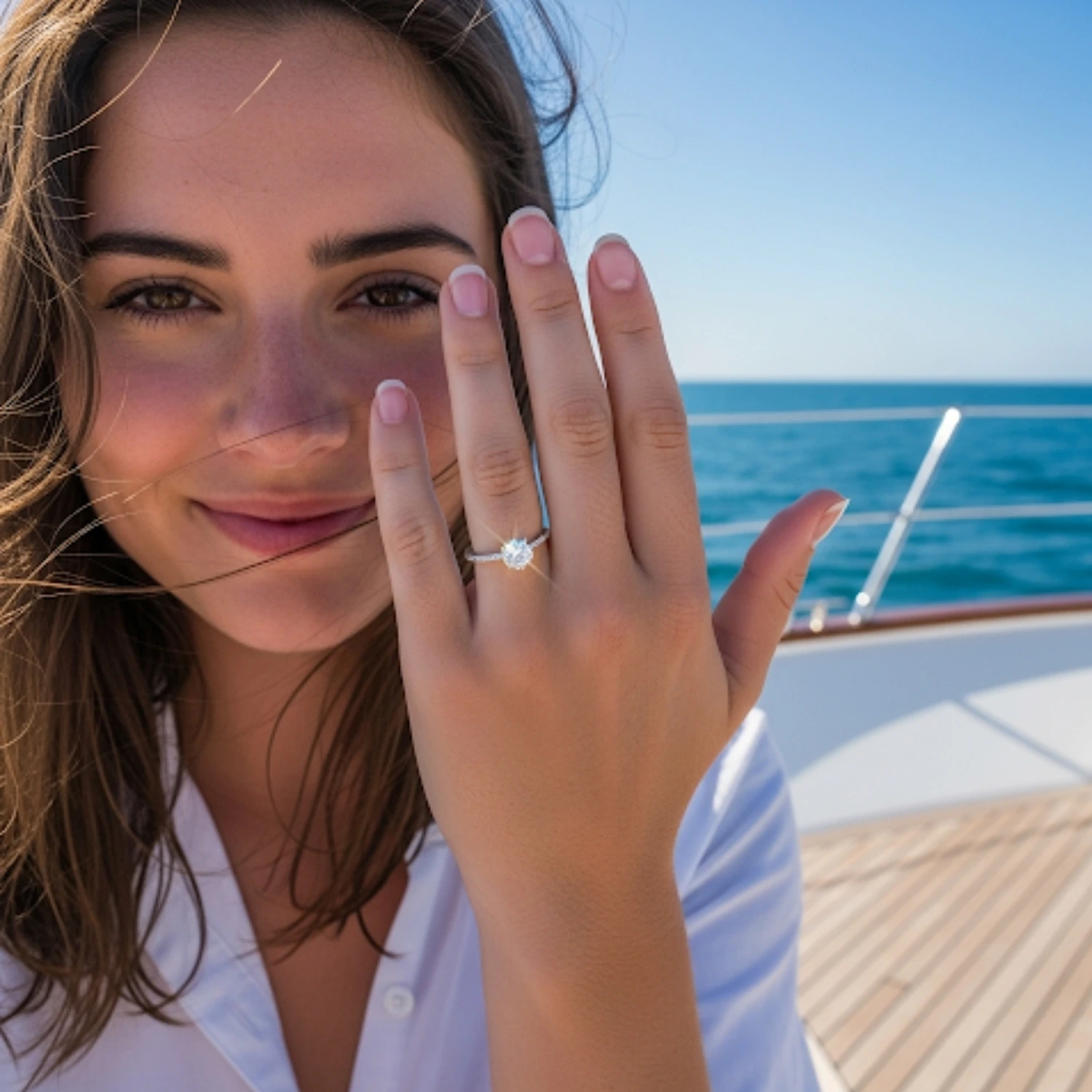Woman showing engagement ring on luxury yacht rental Abu Dhabi with Mala Yachts