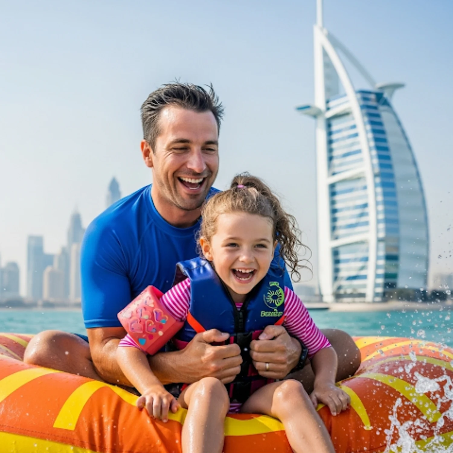 A smiling man in a blue shirt and a young girl in a blue life vest are sitting on a yellow and orange inflatable tube on the water. The girl is laughing joyfully. In the background, the sail-shaped Burj Al Arab hotel and the Dubai city skyline are visible.