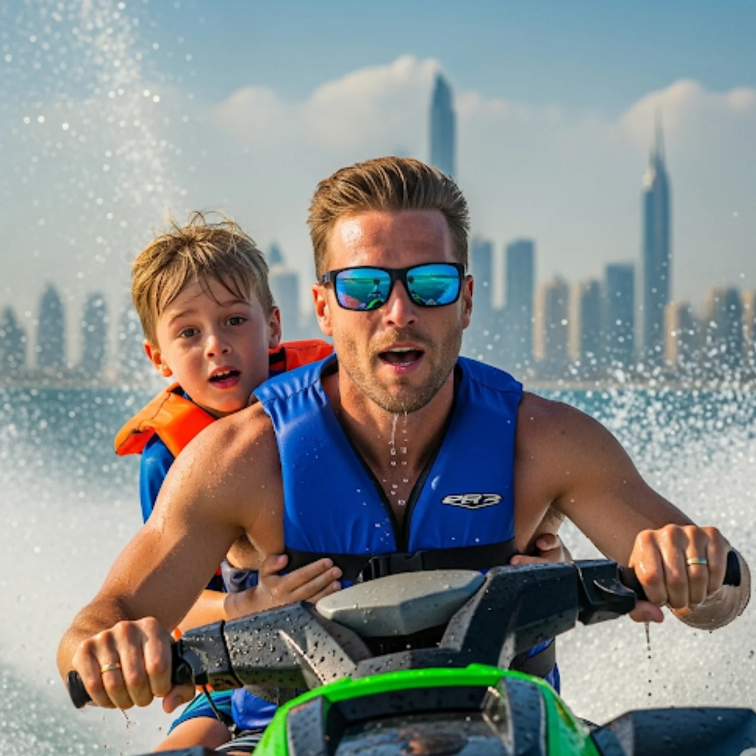 A man and a young boy are riding a green and black jet ski. The man is in front, wearing sunglasses and a blue life vest, with a surprised but happy expression. The boy is behind him, also wearing a life vest. Water is splashing up around them, and the Dubai city skyline is visible in the background.