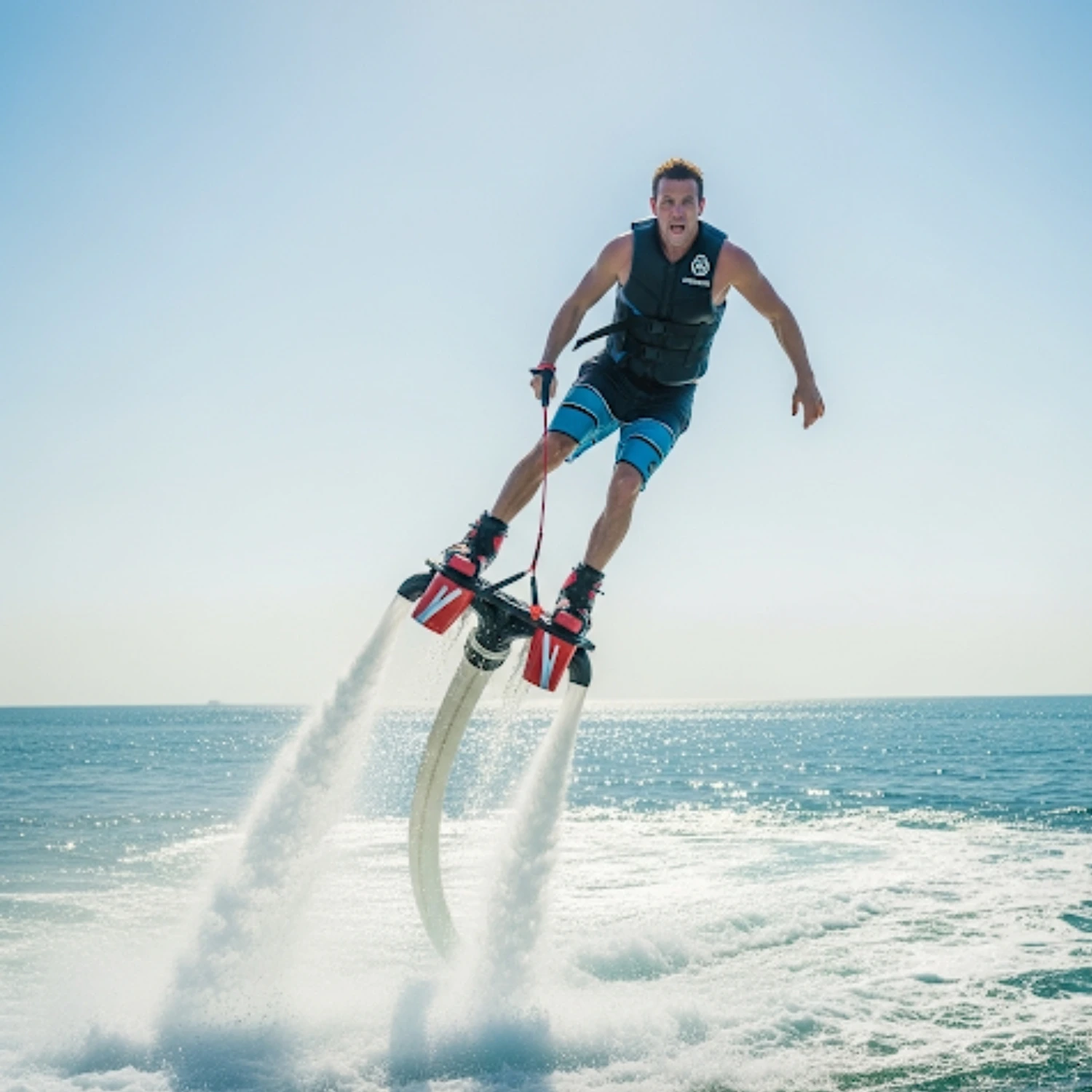 A man wearing a life vest and a pair of water shoes is suspended in the air by a flyboard, with powerful jets of water shooting from the board below his feet. He is performing a stunt over the calm ocean, with a clear blue sky in the background.