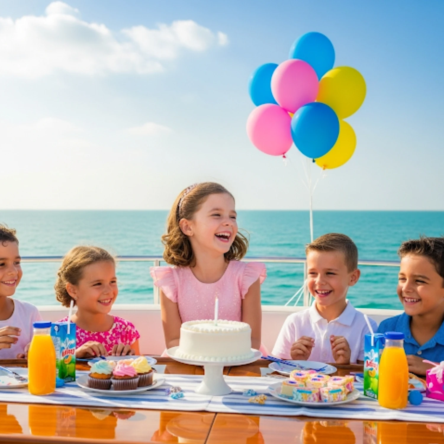 Happy children enjoying birthday celebration on MalaYachts yacht in Dubai