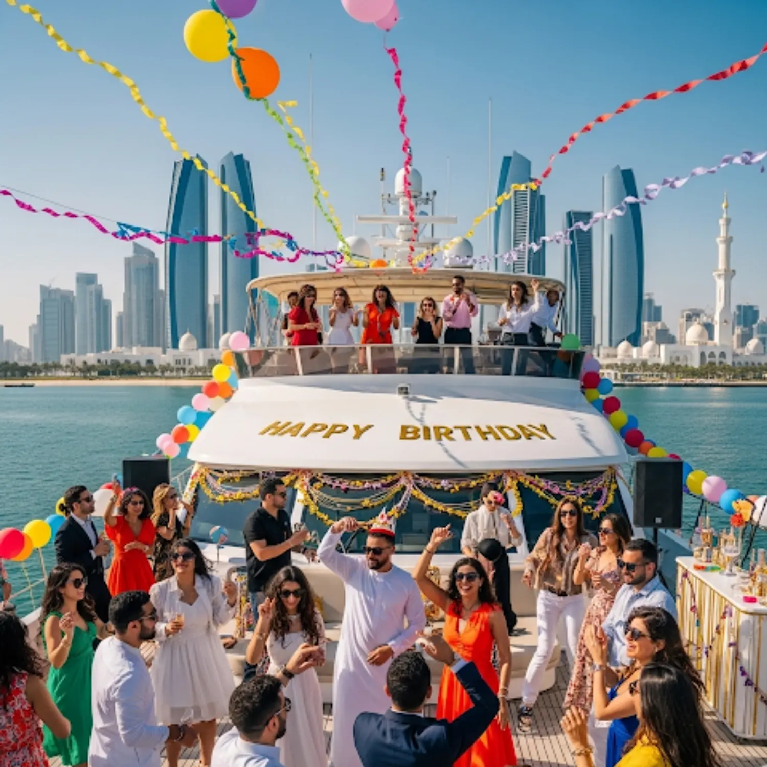 Guests enjoying a birthday party on luxury yacht rental Abu Dhabi with Mala Yachts
