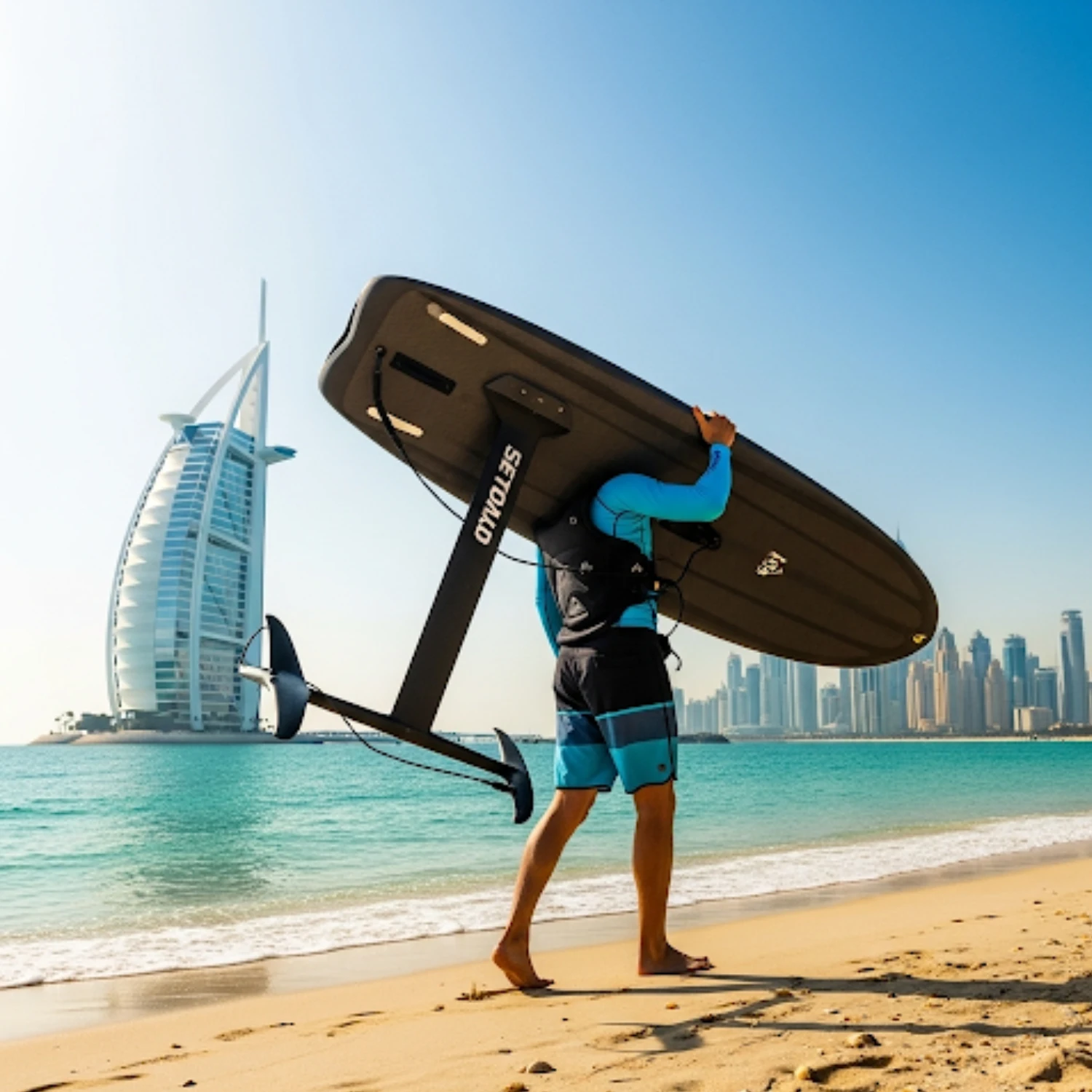 A man wearing a blue shirt and patterned shorts is walking on a sandy beach, carrying a large black electric hydrofoil surfboard on his shoulder. In the background, the sail-shaped Burj Al Arab hotel stands next to the calm, turquoise ocean, with the skyline of Dubai in the distance under a clear blue sky.
