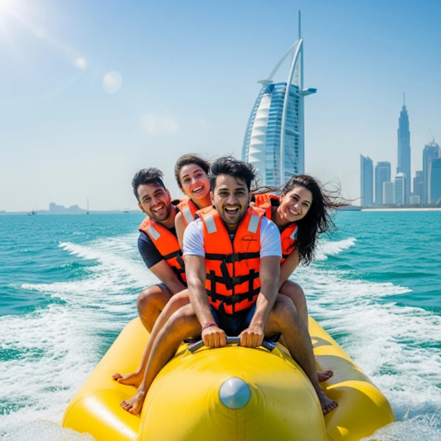 A banana boat with four people wearing orange life vests is being pulled across the ocean, creating a large white wake. In the background, the sail-shaped Burj Al Arab hotel and the Dubai city skyline are visible under a clear blue sky.