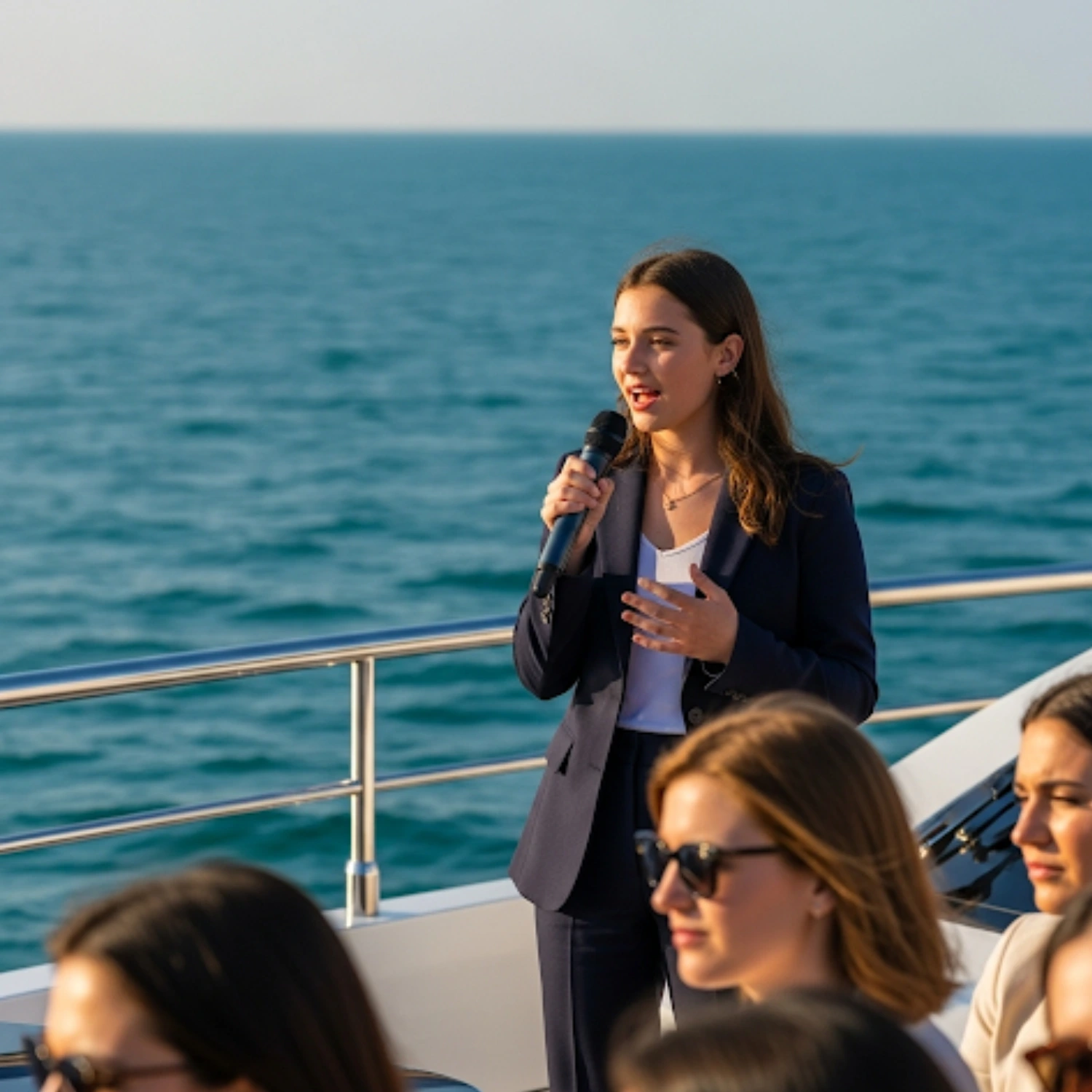 Corporate leader delivering speech on luxury yacht rental Abu Dhabi by Mala Yachts