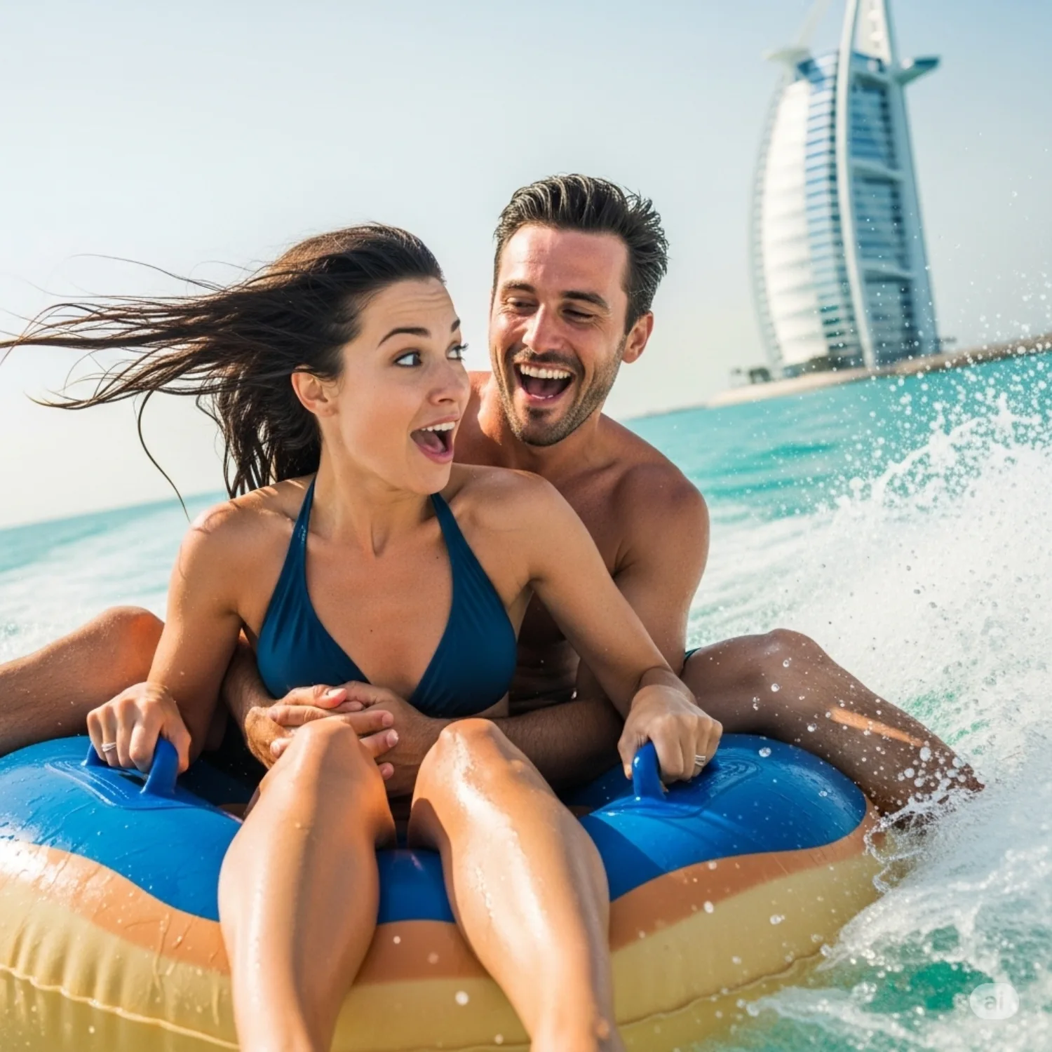A man and a woman are sitting on a doughnut-shaped inflatable, with the man hugging the woman from behind. They are both laughing and looking at each other, with the Burj Khalifa and the Dubai skyline in the background.