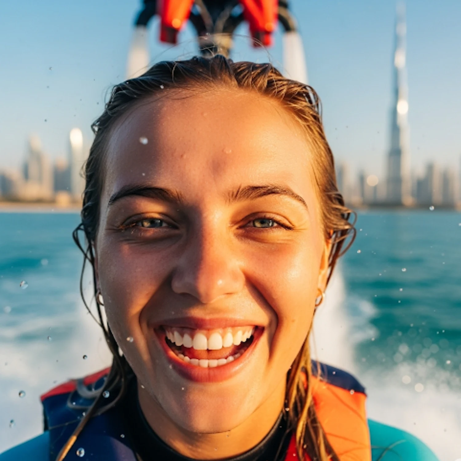A close-up shot of a young woman's face, smiling widely, with water droplets on her wet hair and skin. She is wearing an orange life vest. The background is blurred but shows the Dubai skyline and the Burj Khalifa, with a jet of water from a flyboard visible behind her.
