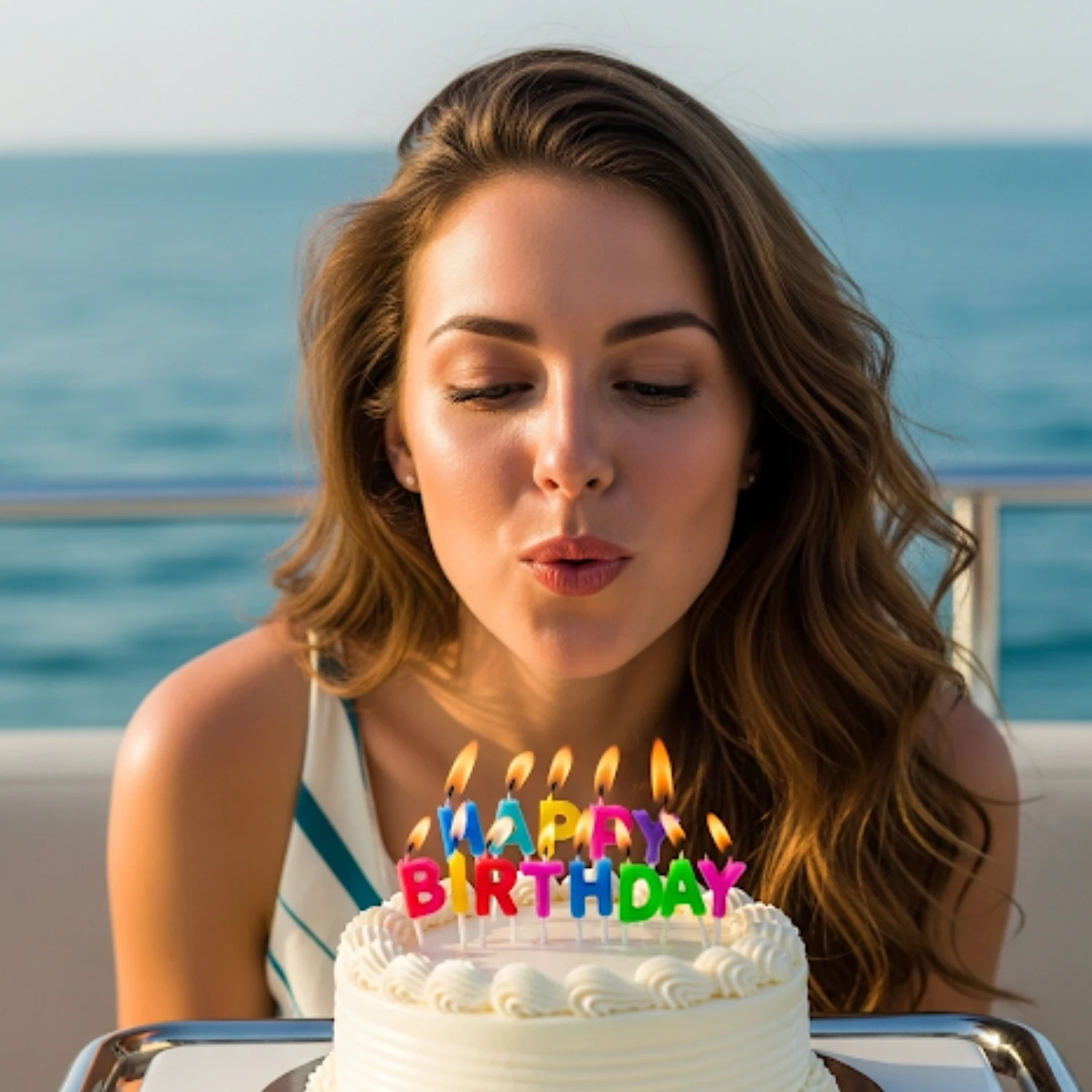 Luxury yacht rental Dubai birthday party with woman celebrating cake and candles by MalaYachts