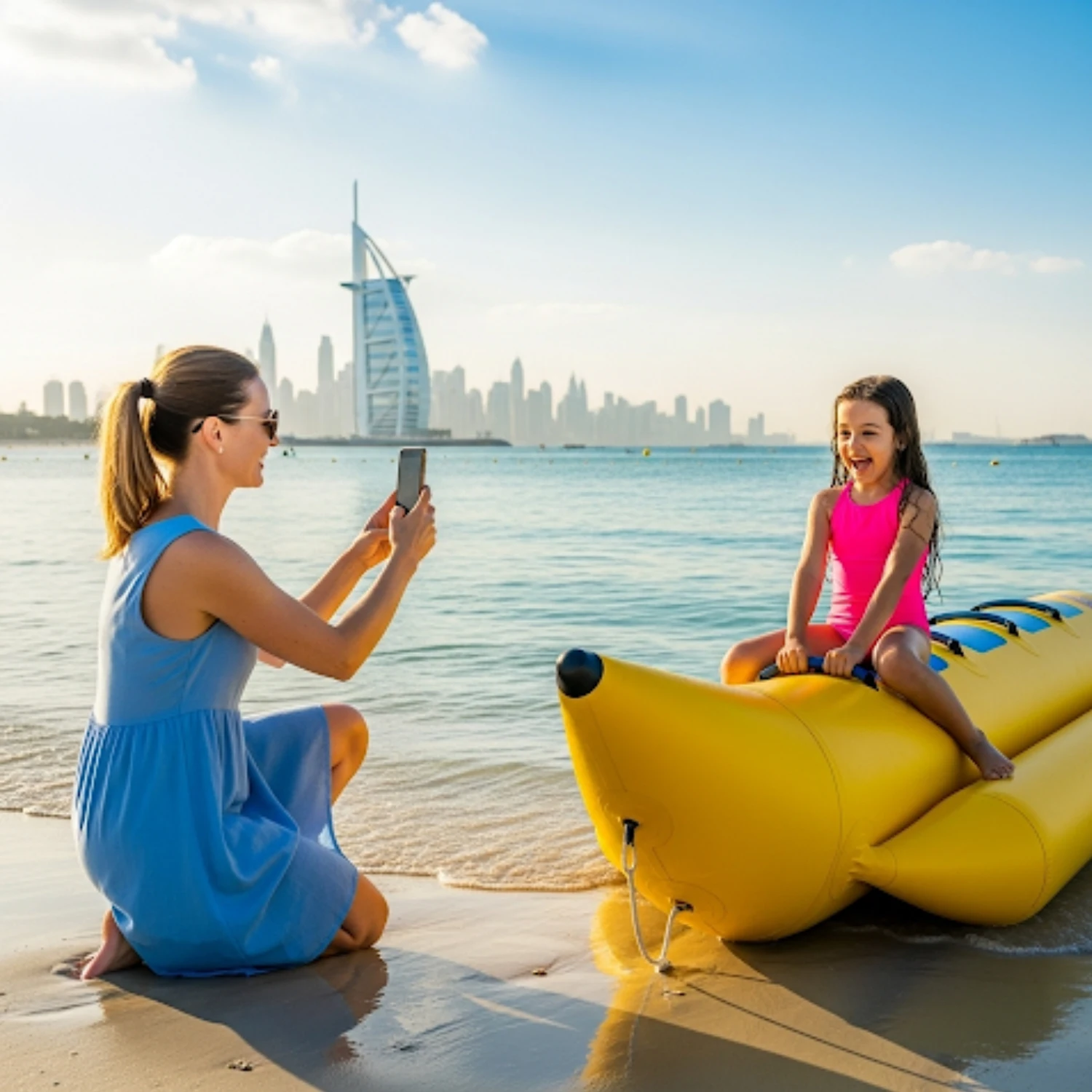 A woman in a light blue dress is kneeling on the wet sand of a beach, holding a phone to take a picture of a young girl in a pink swimsuit. The girl is sitting on a yellow banana boat and smiling at the camera. The sail-shaped Burj Al Arab hotel and the Dubai skyline are in the background.