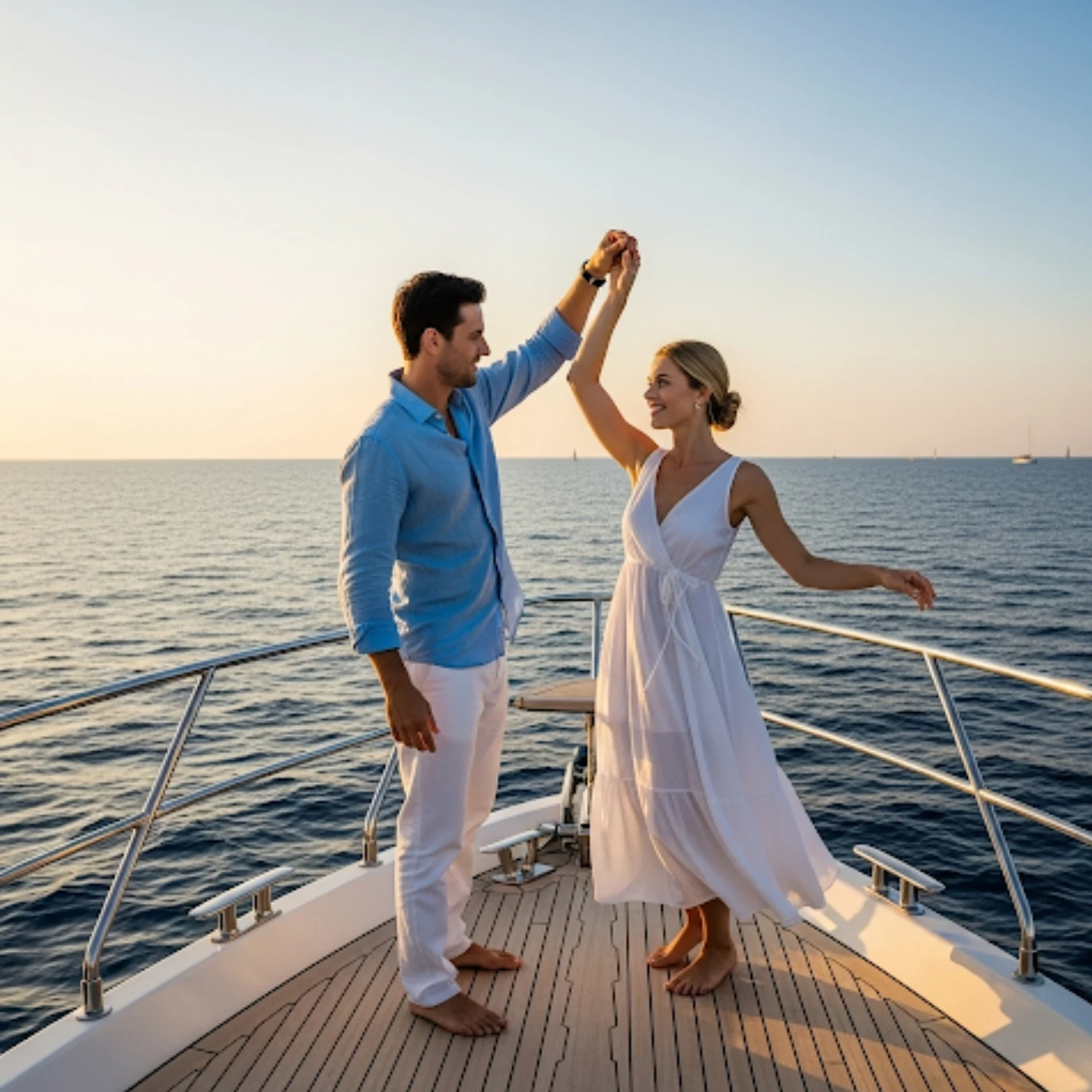 Couple dancing on luxury yacht rental Abu Dhabi with Mala Yachts