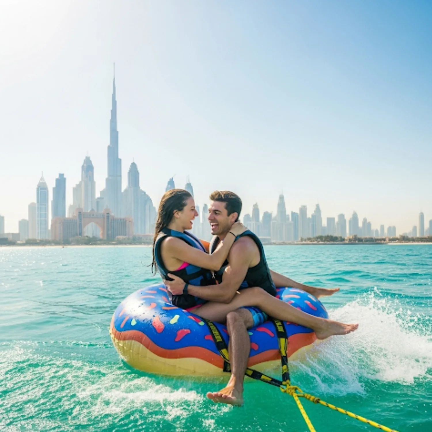 A man and a woman are sitting closely together on a colorful, doughnut-shaped inflatable being towed on the water. The man has his arm around the woman, and they are both laughing and looking at each other. The sail-shaped Burj Al Arab hotel is visible in the background, with water splashing around them.