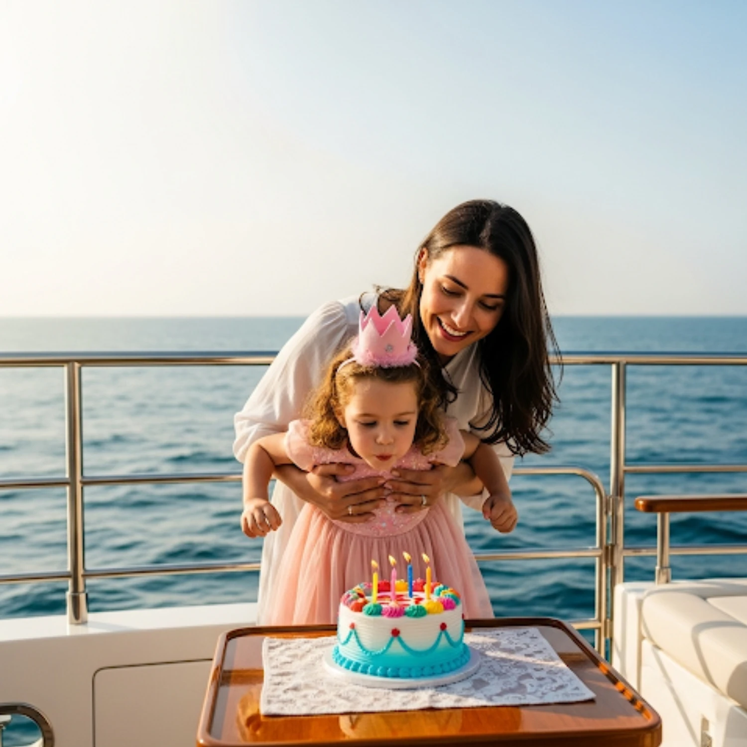 Girl enjoying cake-cutting ceremony with her mom during yacht birthday party in Dubai with MalaYachts