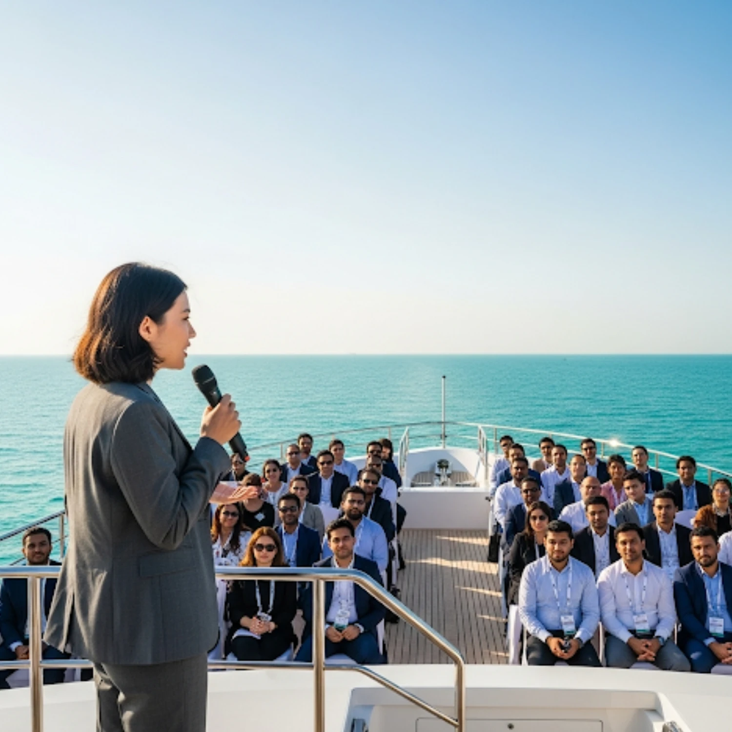 Woman giving speech at corporate event on luxury yacht rental Abu Dhabi with Mala Yachts