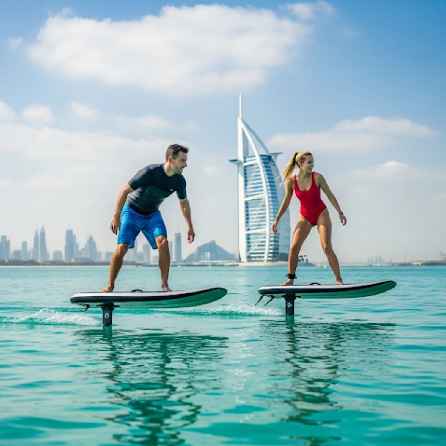 A man and a woman are riding separate electric hydrofoil surfboards side-by-side on the calm ocean. The man wears a black t-shirt and blue shorts, and the woman wears a red one-piece swimsuit. The sail-shaped Burj Al Arab hotel and the Dubai city skyline are visible in the background under a blue sky with some clouds.