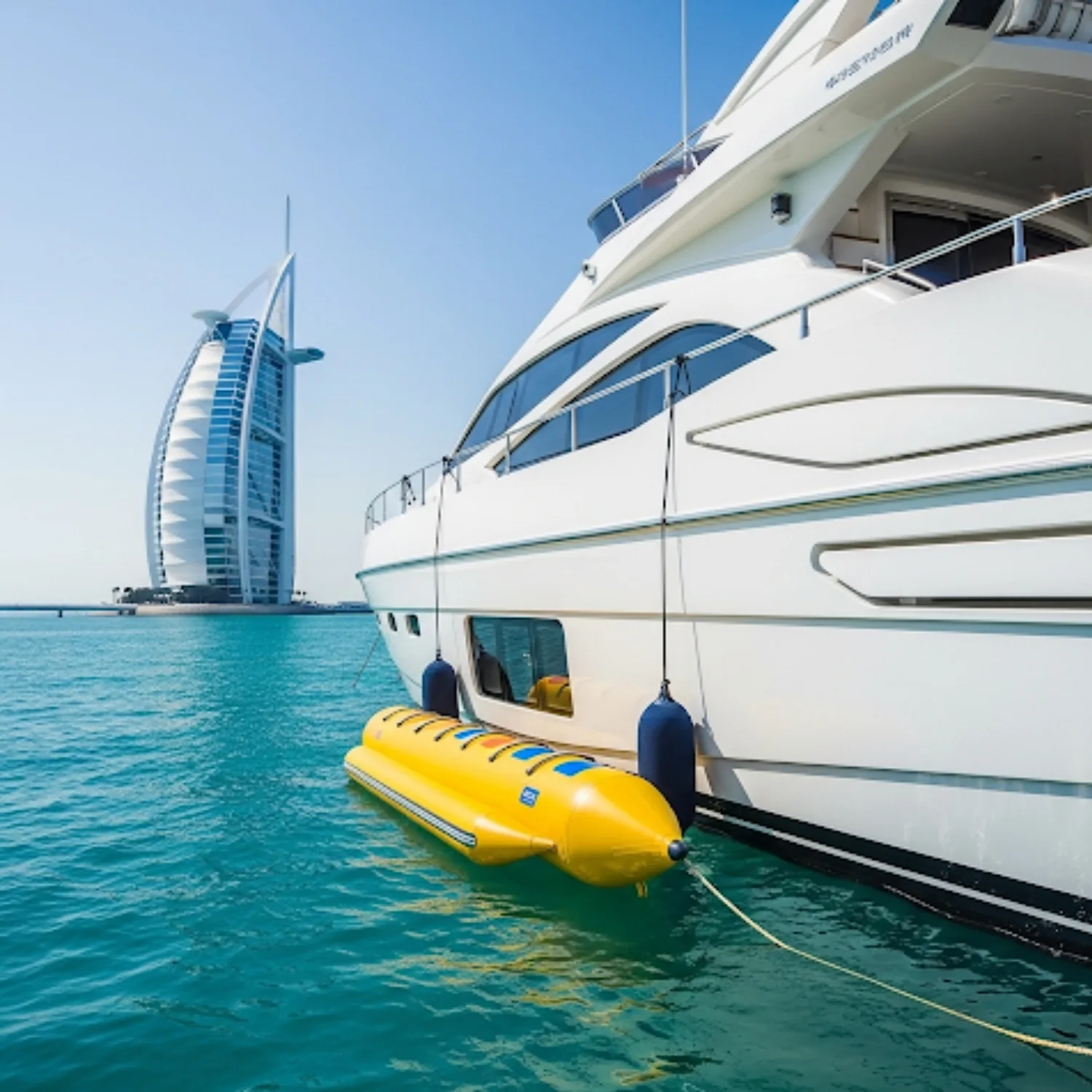 A close-up view of the side of a large white yacht, with a yellow banana boat tied to its side. In the background, the sail-shaped Burj Al Arab hotel stands on the coast of a calm, turquoise ocean under a clear blue sky.