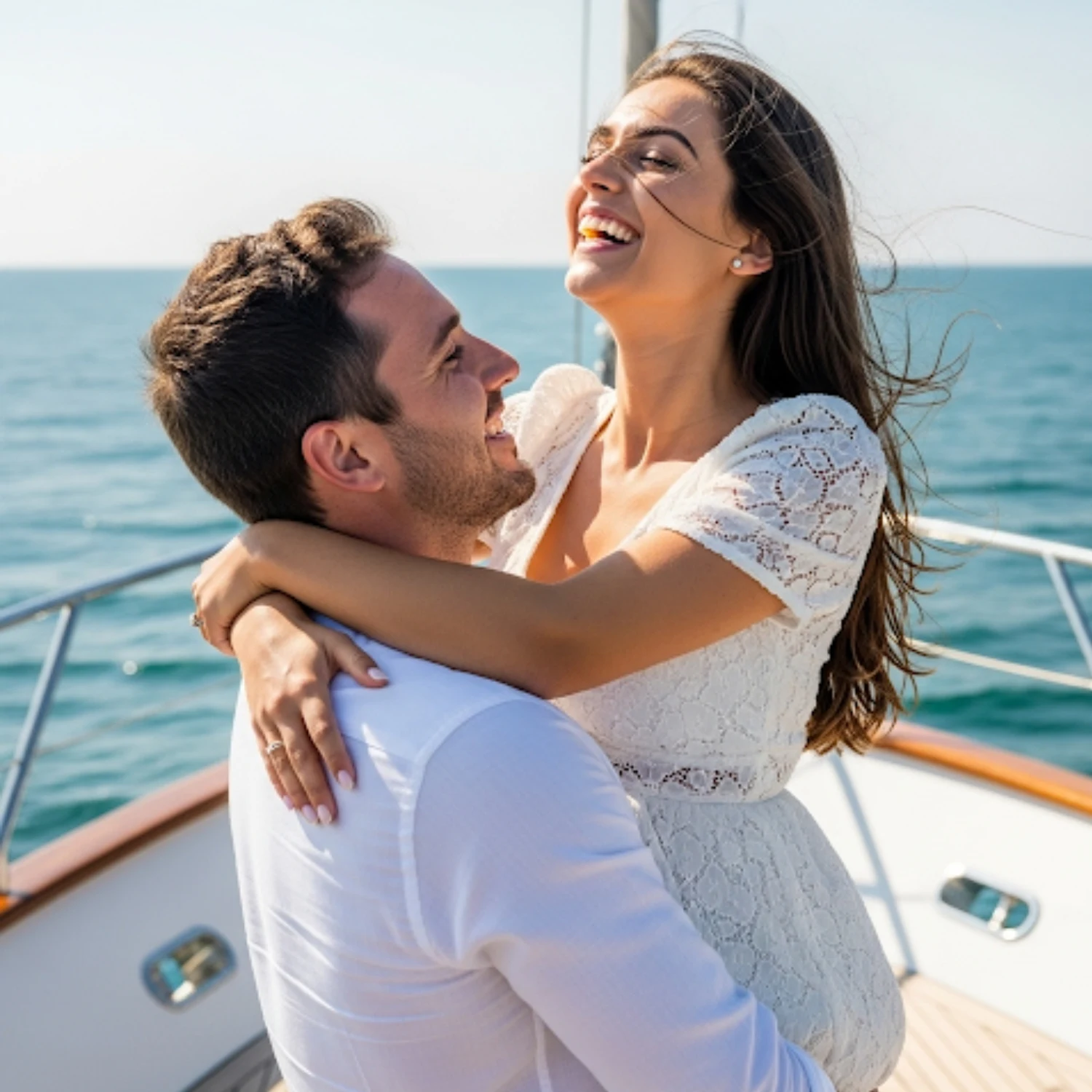 Couple laughing as man lifts his fiancée on luxury yacht rental Abu Dhabi with Mala Yachts