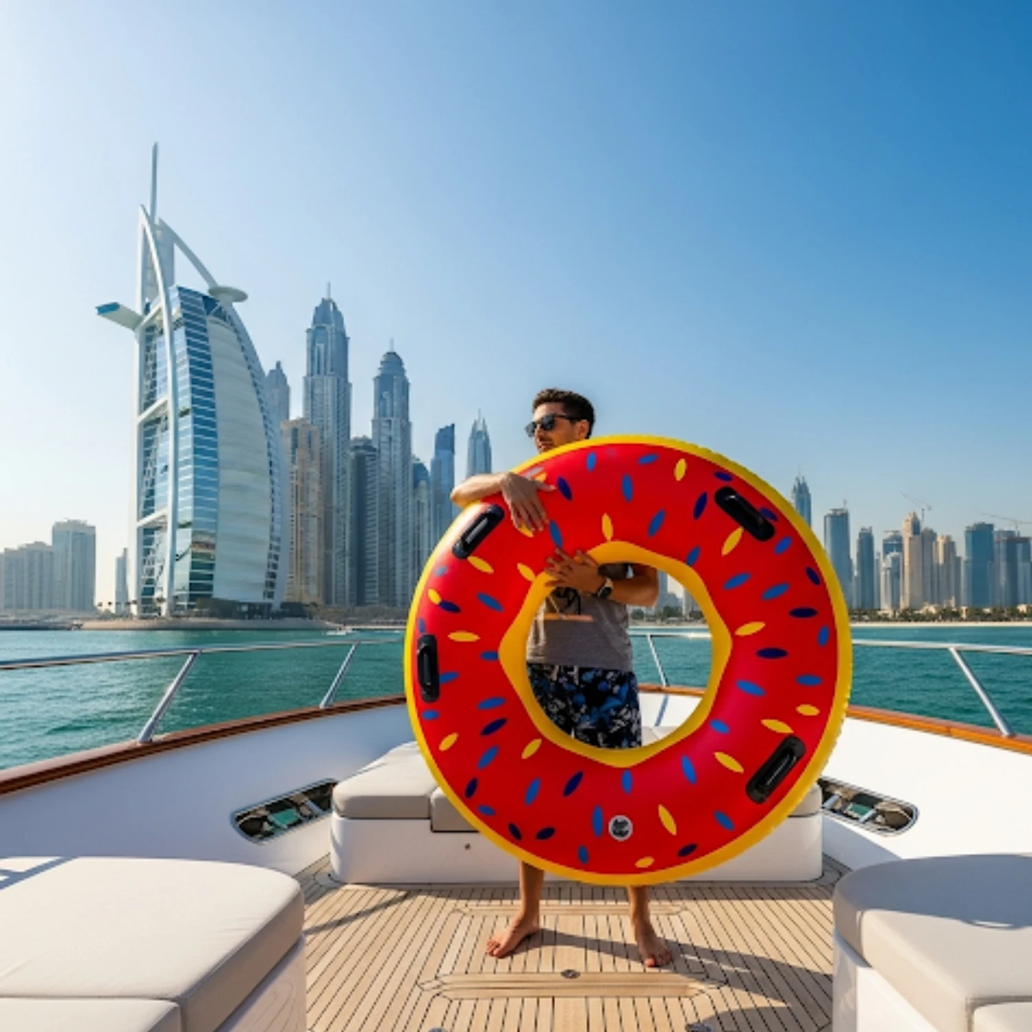 A man stands on the deck of a yacht, holding a red, doughnut-shaped inflatable ring with yellow and blue sprinkles. The sail-shaped Burj Al Arab hotel and the Dubai city skyline are prominent in the background under a clear blue sky.