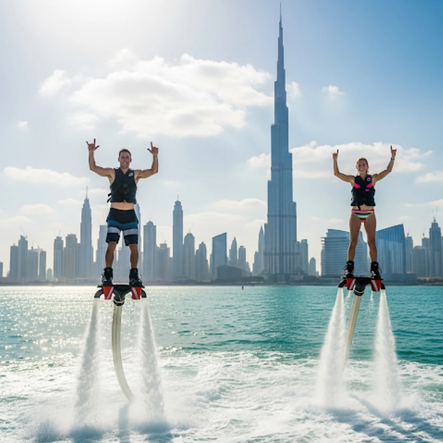 A man and a woman are flyboarding side-by-side on the ocean, with the Dubai city skyline and the Burj Khalifa in the background. They are both suspended in the air by jets of water and have their arms raised in a "rock on" gesture.