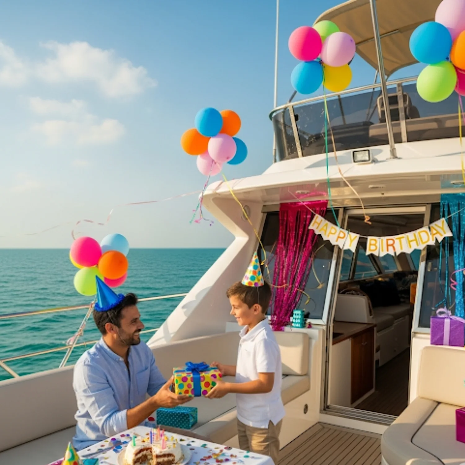 Child receiving birthday present from father during yacht party with MalaYachts in Dubai