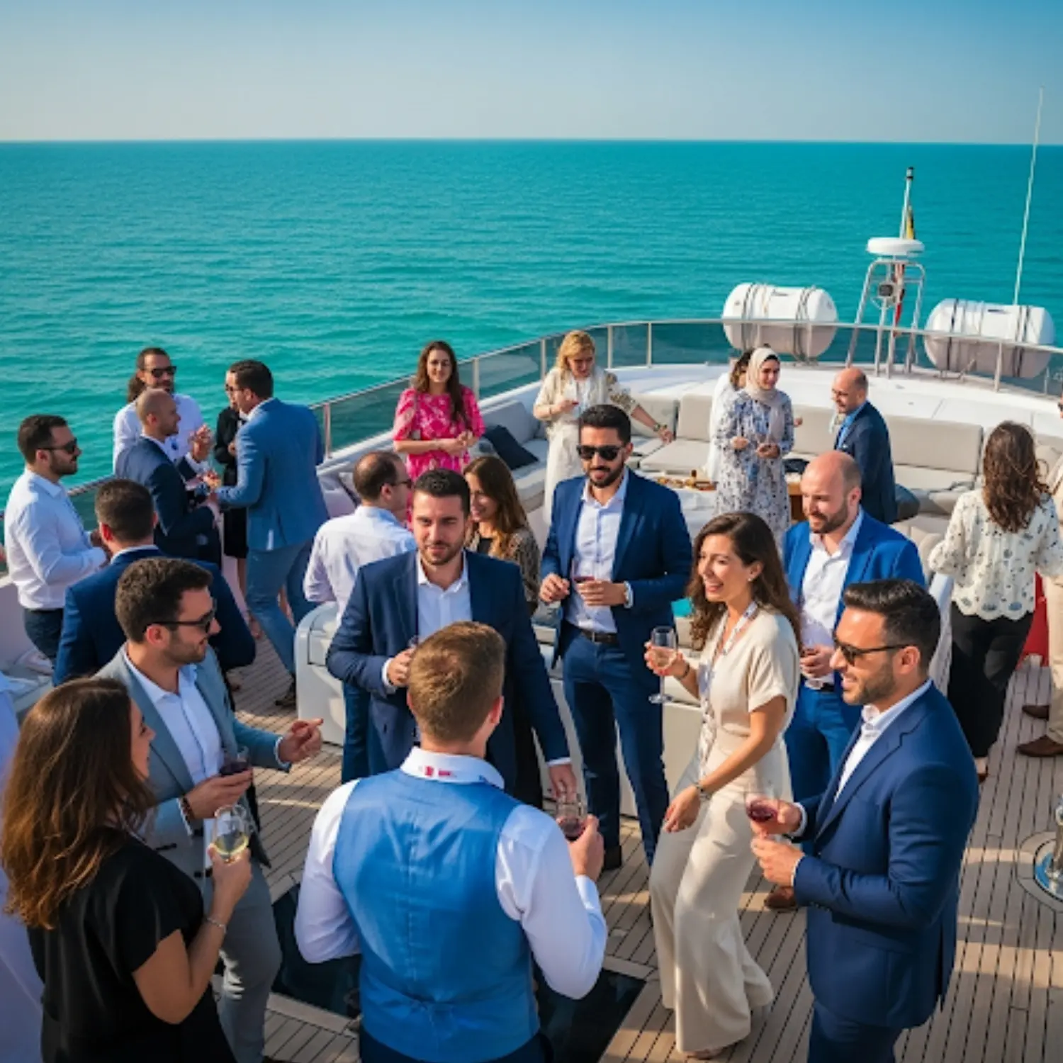 Guests enjoying and networking on luxury yacht rental Abu Dhabi with Mala Yachts