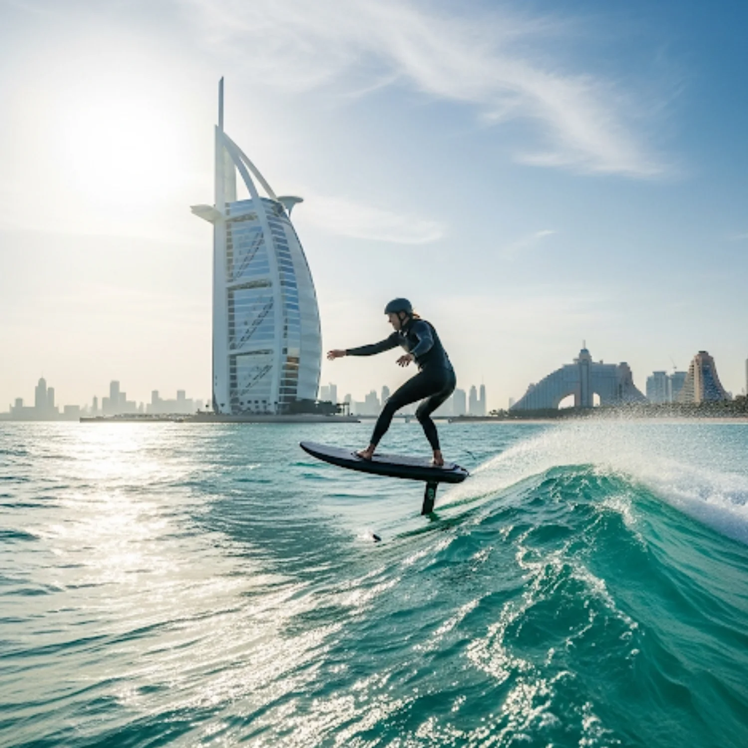 A person in a black wetsuit and helmet is riding an electric hydrofoil surfboard, cutting through a wave on the ocean. The sun is bright in the sky behind the sail-shaped Burj Al Arab hotel, which is visible along with the Dubai city skyline in the background.