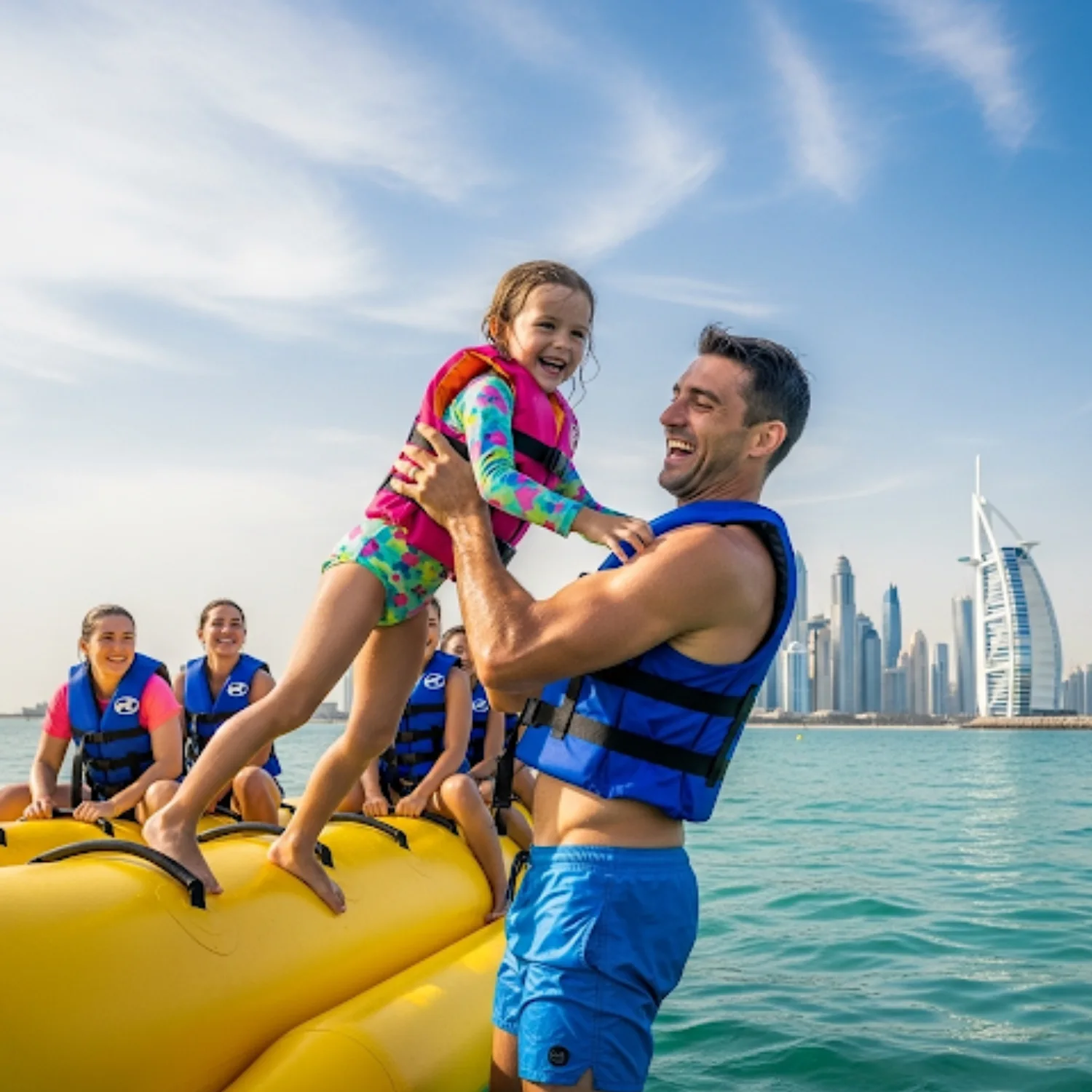 A man in blue shorts and a blue life vest is holding a young girl in a pink life vest up in the air, laughing. They are standing in the ocean next to a yellow banana boat, with other people on the boat behind them. The sail-shaped Burj Al Arab hotel and the Dubai city skyline are visible in the background.