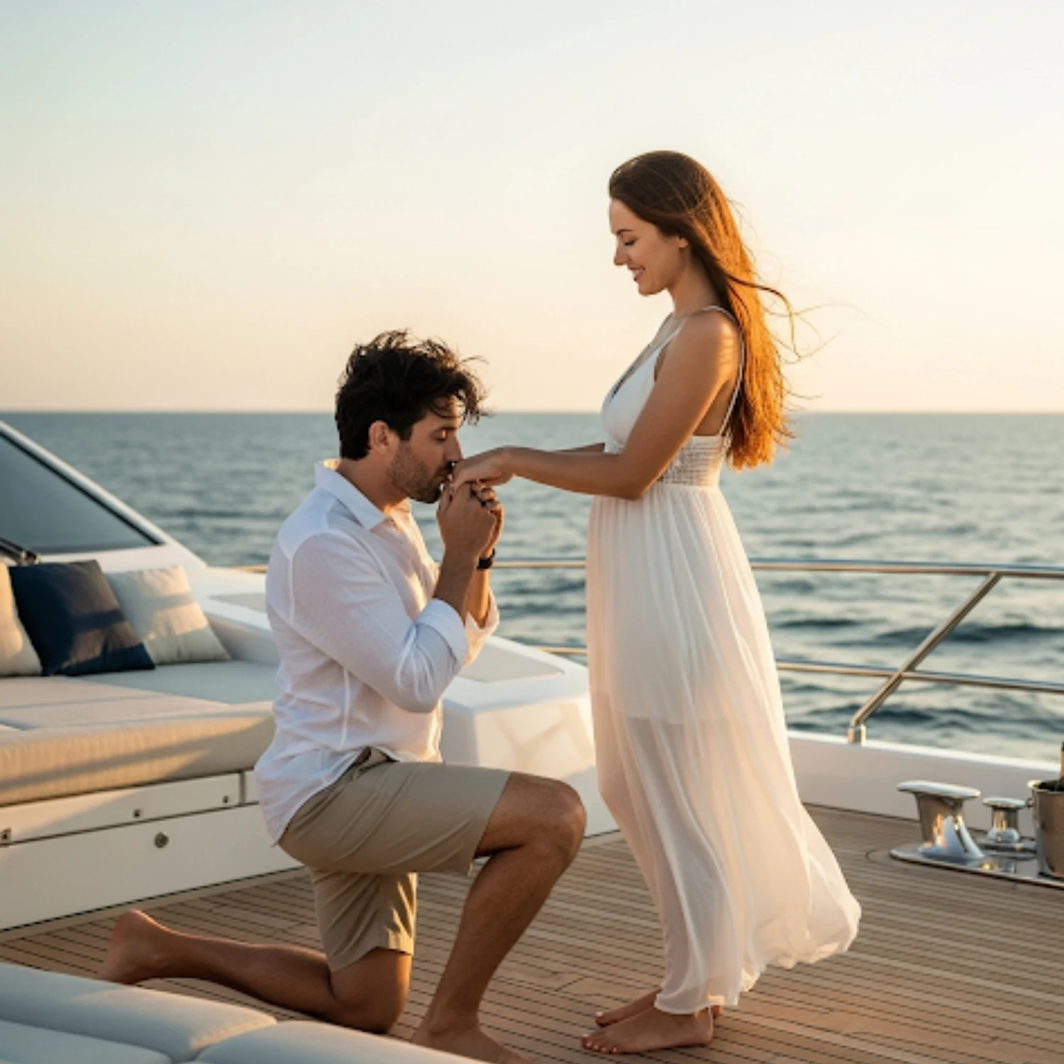 Man kissing his fiancée’s hand during romantic yacht proposal Abu Dhabi with Mala Yachts
