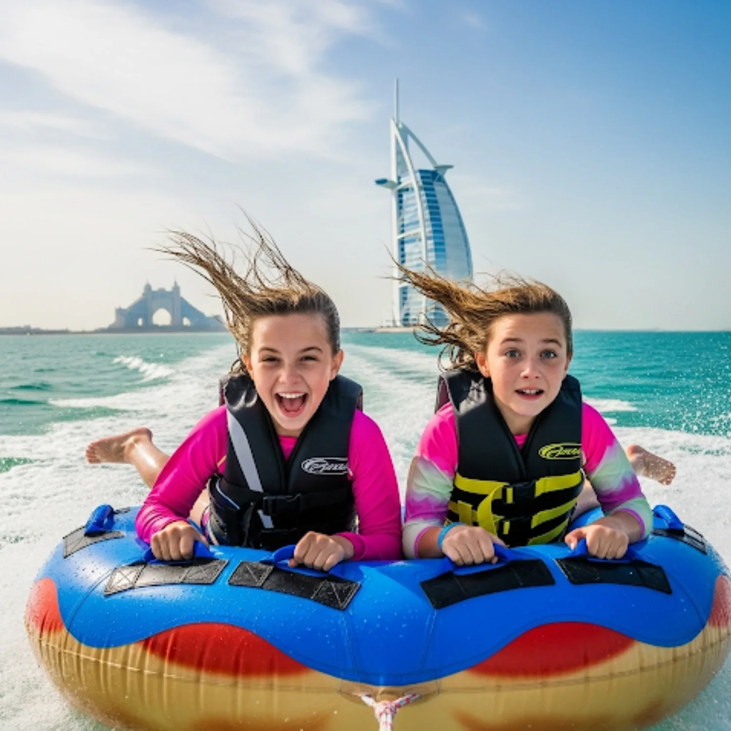 Two young girls wearing black life vests are lying on their stomachs on a blue and yellow inflatable tube, with their hair flying back from the speed. They are smiling excitedly, with the sail-shaped Burj Al Arab hotel and another large building visible on the coast in the background.