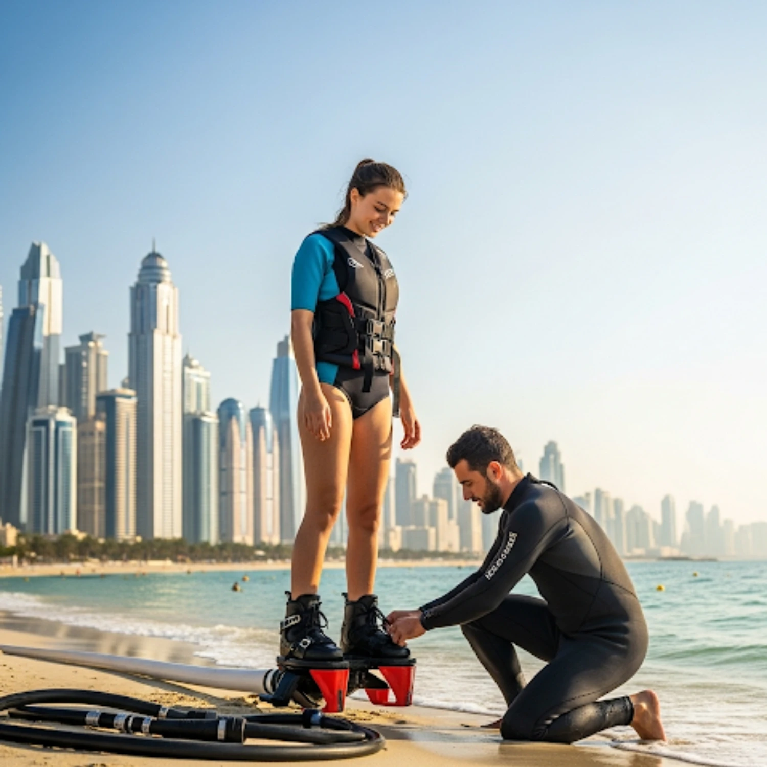 A man in a black wetsuit is kneeling on the sand of a beach, helping a woman in a black and blue outfit and a life vest strap on a flyboard. The ocean is in the background, along with the Dubai city skyline.
