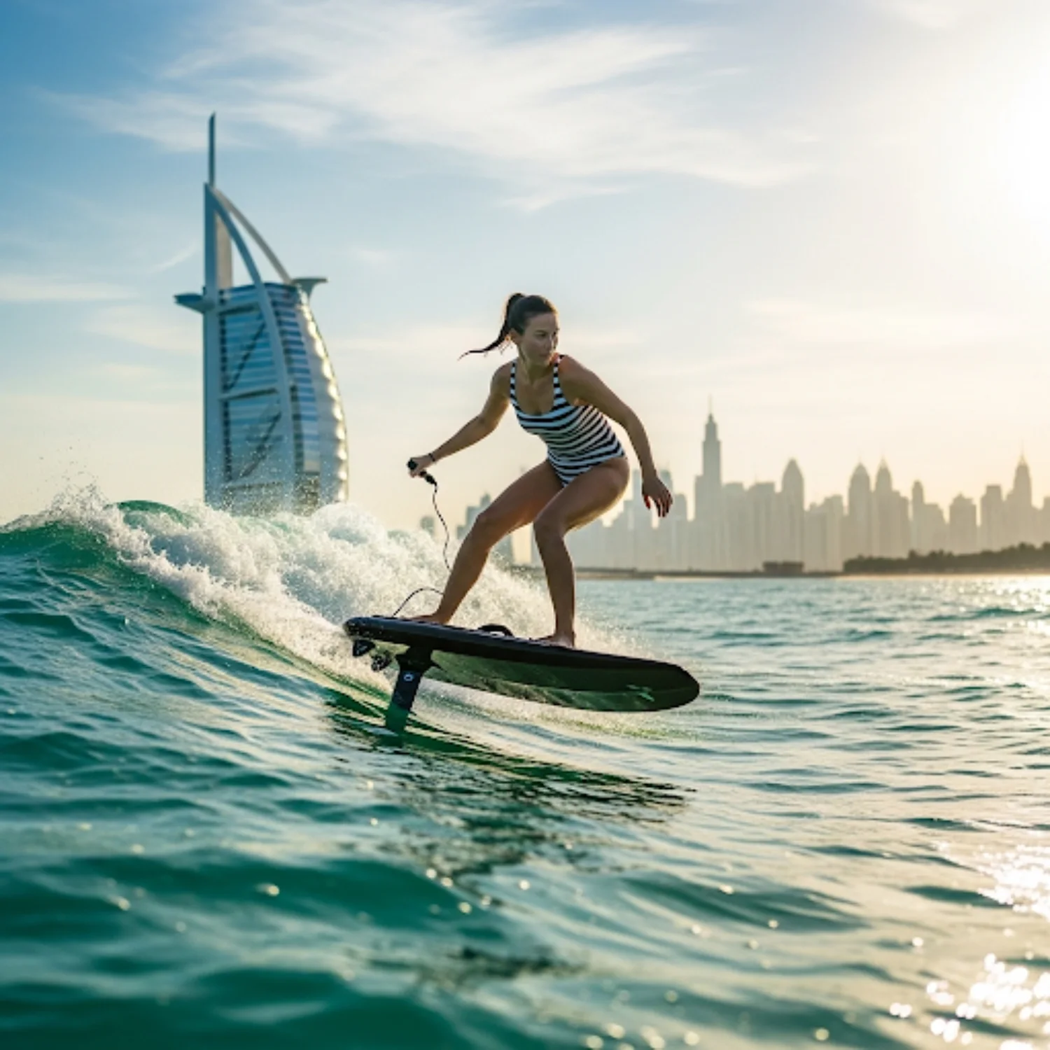A woman in a striped one-piece swimsuit is riding an electric hydrofoil surfboard, carving a path through a small wave on the ocean. The sail-shaped Burj Al Arab hotel is in the background, along with the Dubai city skyline, under a bright sun.