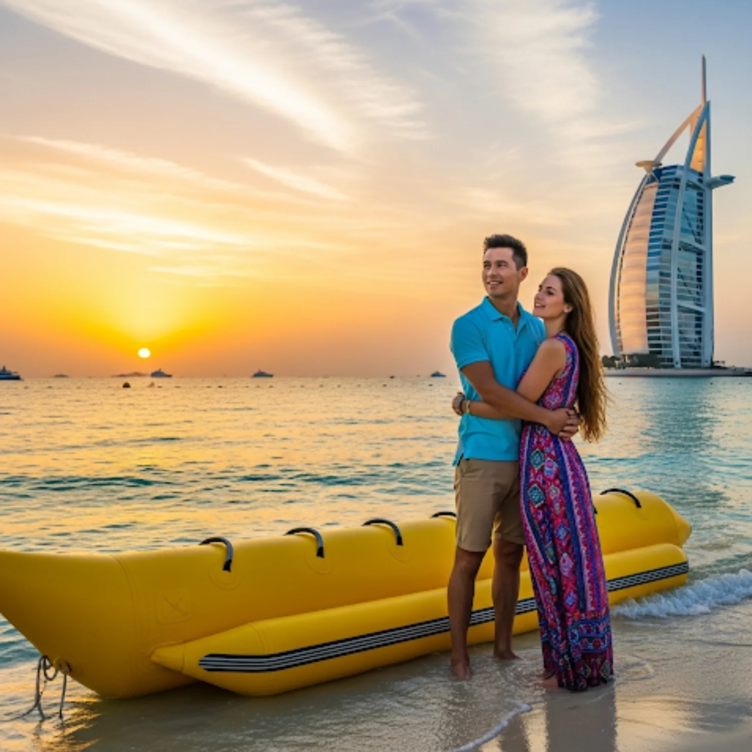A man and a woman are standing on a sandy beach at sunset, hugging and looking towards the ocean. A large yellow banana boat is on the shore in front of them, with waves lapping around it. The sail-shaped Burj Al Arab hotel is visible in the background, silhouetted against the bright orange and yellow sun.