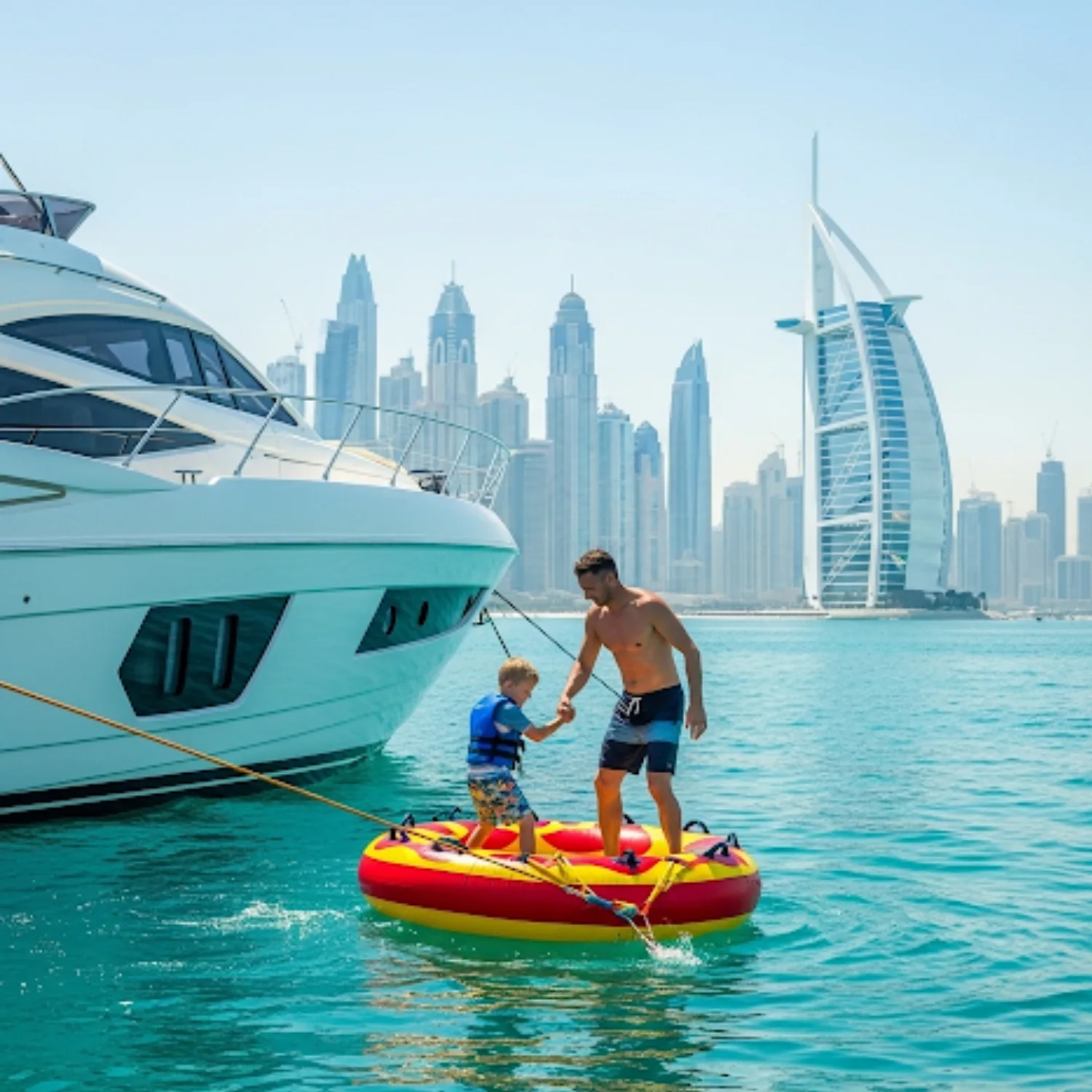 A father and his young son are standing on a red and yellow inflatable tube next to a large white yacht. The man is holding his son's hand, and both are wearing life vests. The sail-shaped Burj Al Arab hotel and the Dubai city skyline are visible in the background.