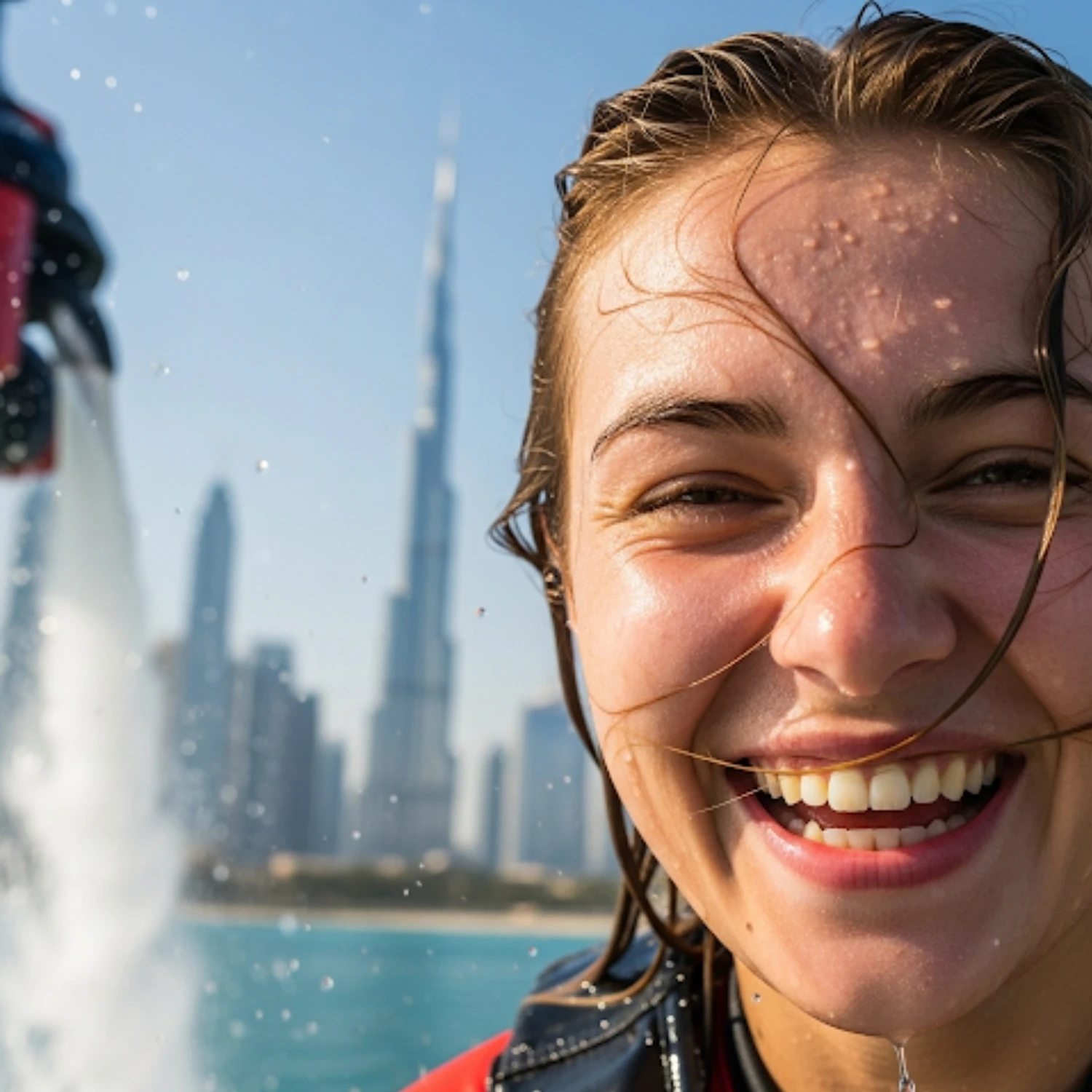 A close-up shot of a woman's face, smiling joyfully, with her hair and skin wet from water. She is wearing a black life vest and a red wetsuit. The background is blurred but shows the Dubai skyline, including the Burj Khalifa and the Burj Al Arab hotel, and a jet of water from a flyboard.