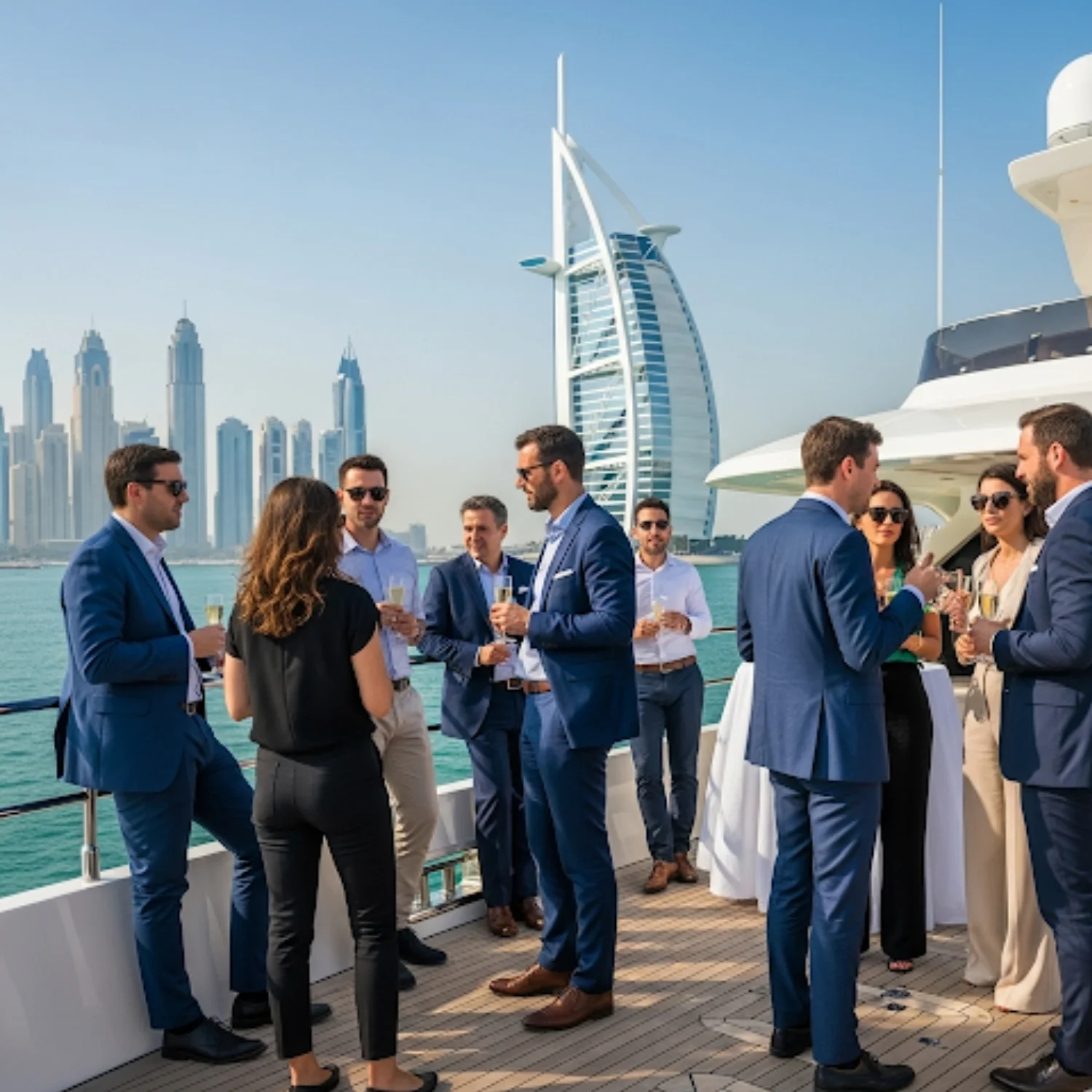Corporate yacht party in Dubai with people networking and enjoying the sea view by MalaYachts.
