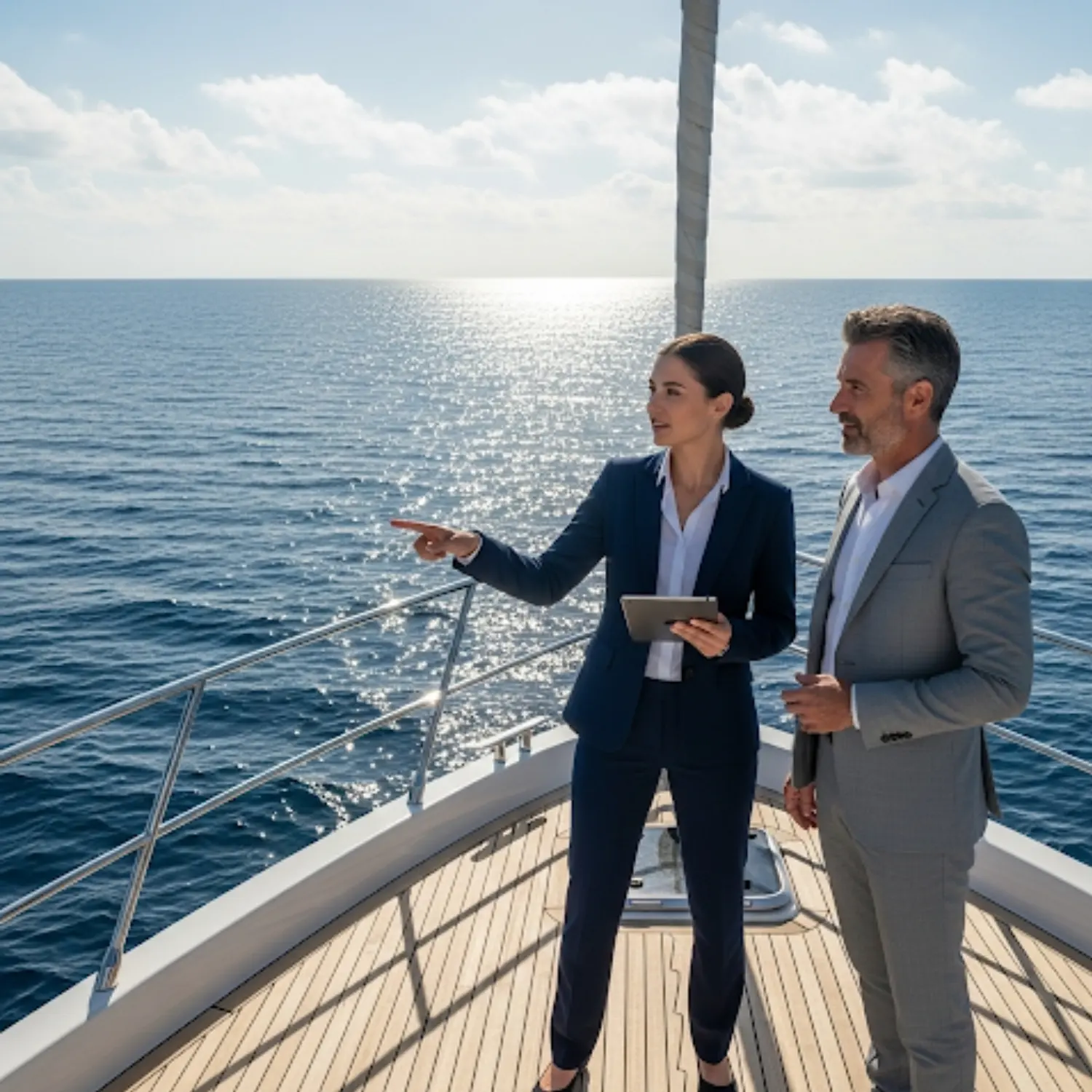 Mala Yachts crew guiding guests on luxury yacht rental Abu Dhabi