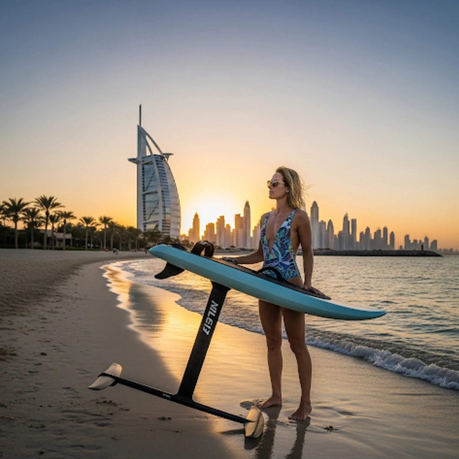 An electric hydrofoil surfboard sits on a sandy beach at sunset, with a woman in a colorful one-piece swimsuit and sunglasses standing behind it. In the background, the sail-shaped Burj Al Arab hotel and the Dubai city skyline are silhouetted against the bright orange and yellow sun.