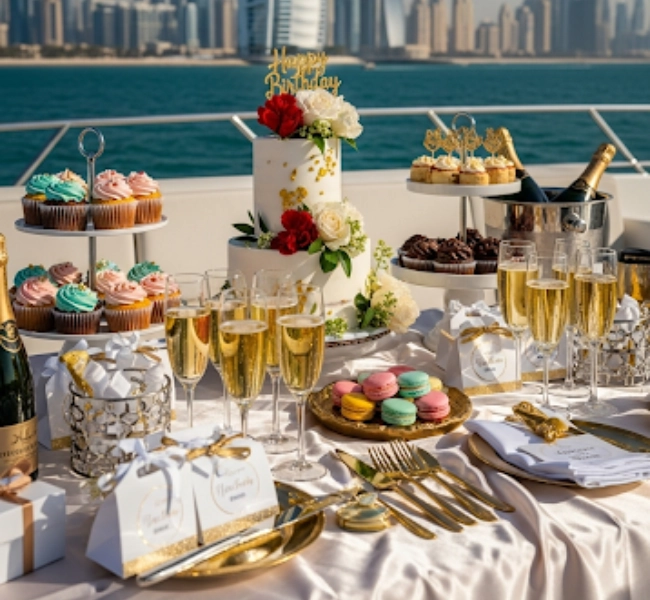 Birthday cake and refreshments served on luxury yacht rental Dubai by MalaYachts