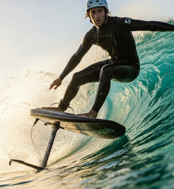A person surfing on a e-foil in Dubai Waters