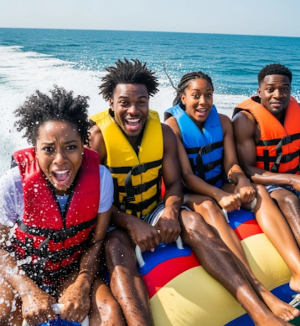 Four young adults are sitting on a colorful inflatable being towed on the water, all wearing life vests of different colors (red, yellow, and blue). They are laughing and smiling excitedly, with one woman in the front left screaming with joy. Water splashes around them, and the ocean is visible in the background.