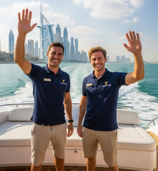 Two men, both wearing blue polo shirts and khaki shorts, are standing on the deck of a boat, waving at the camera. The sail-shaped Burj Al Arab hotel and the Dubai city skyline are visible in the background, with a white wake on the water behind them.