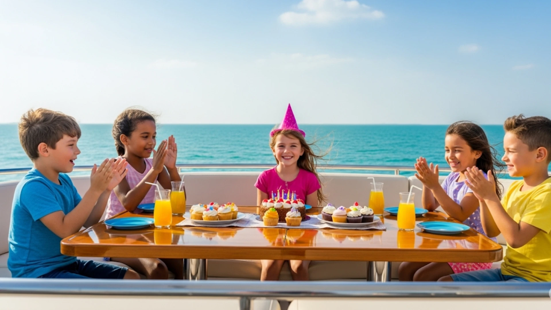 Five children celebrating birthday on luxury yacht rental Abu Dhabi with Mala Yachts