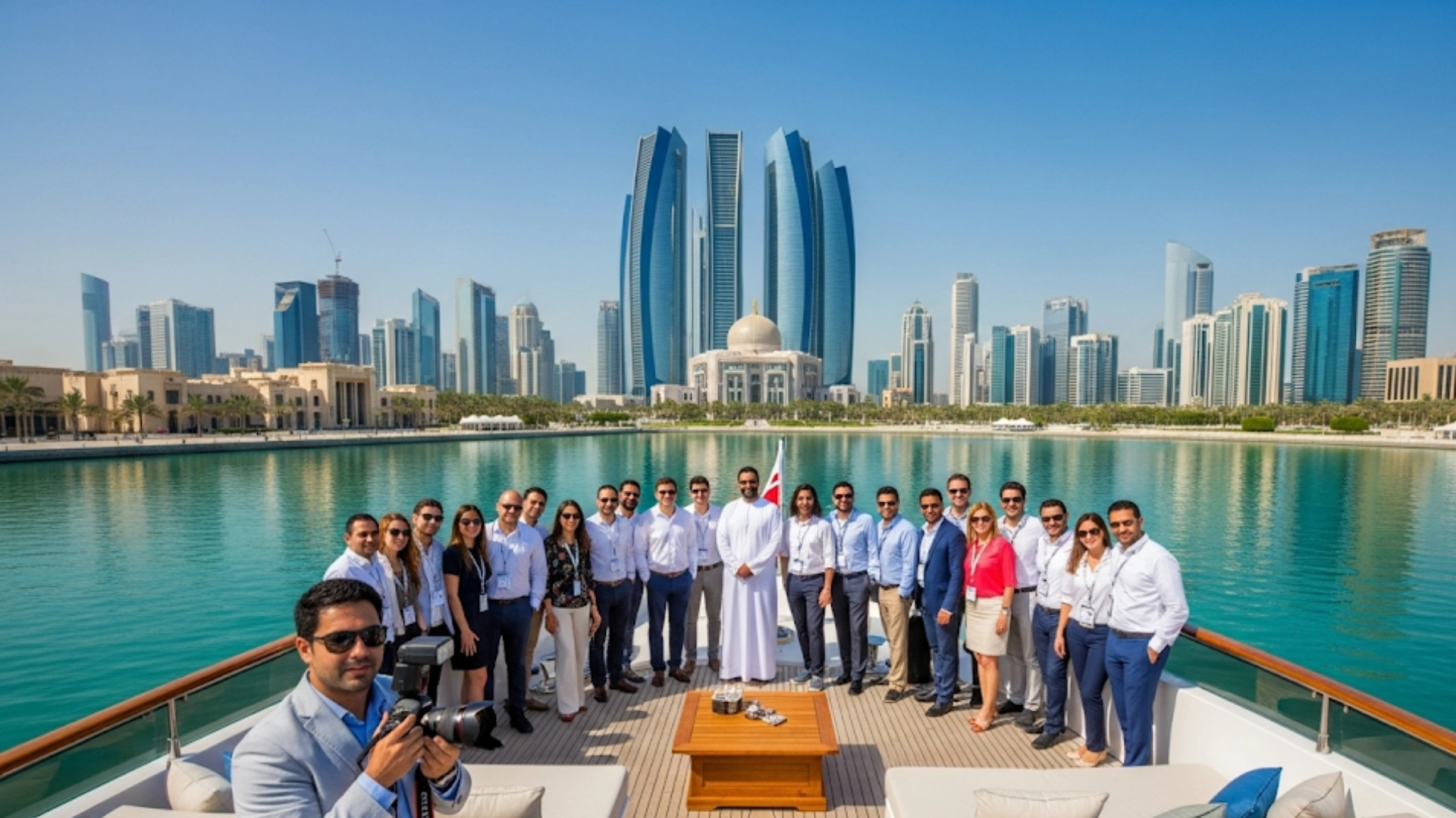 Corporate gathering on Mala Yachts luxury yacht rental Abu Dhabi